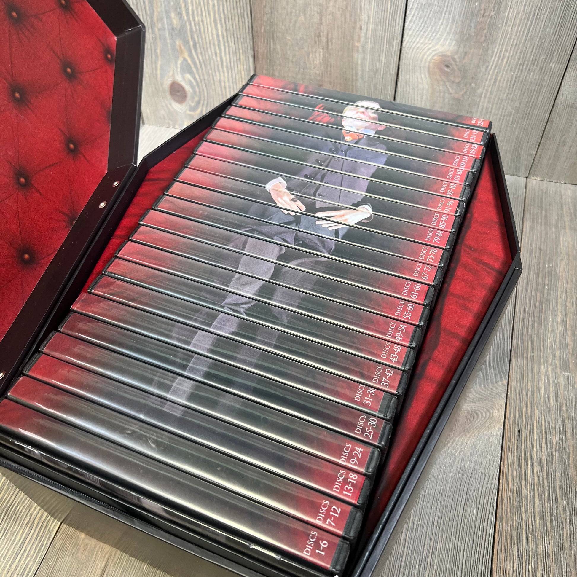 "Dark Shadows: The Complete Original Series" deluxe DVD set in a coffin-shaped box with red interior lining.