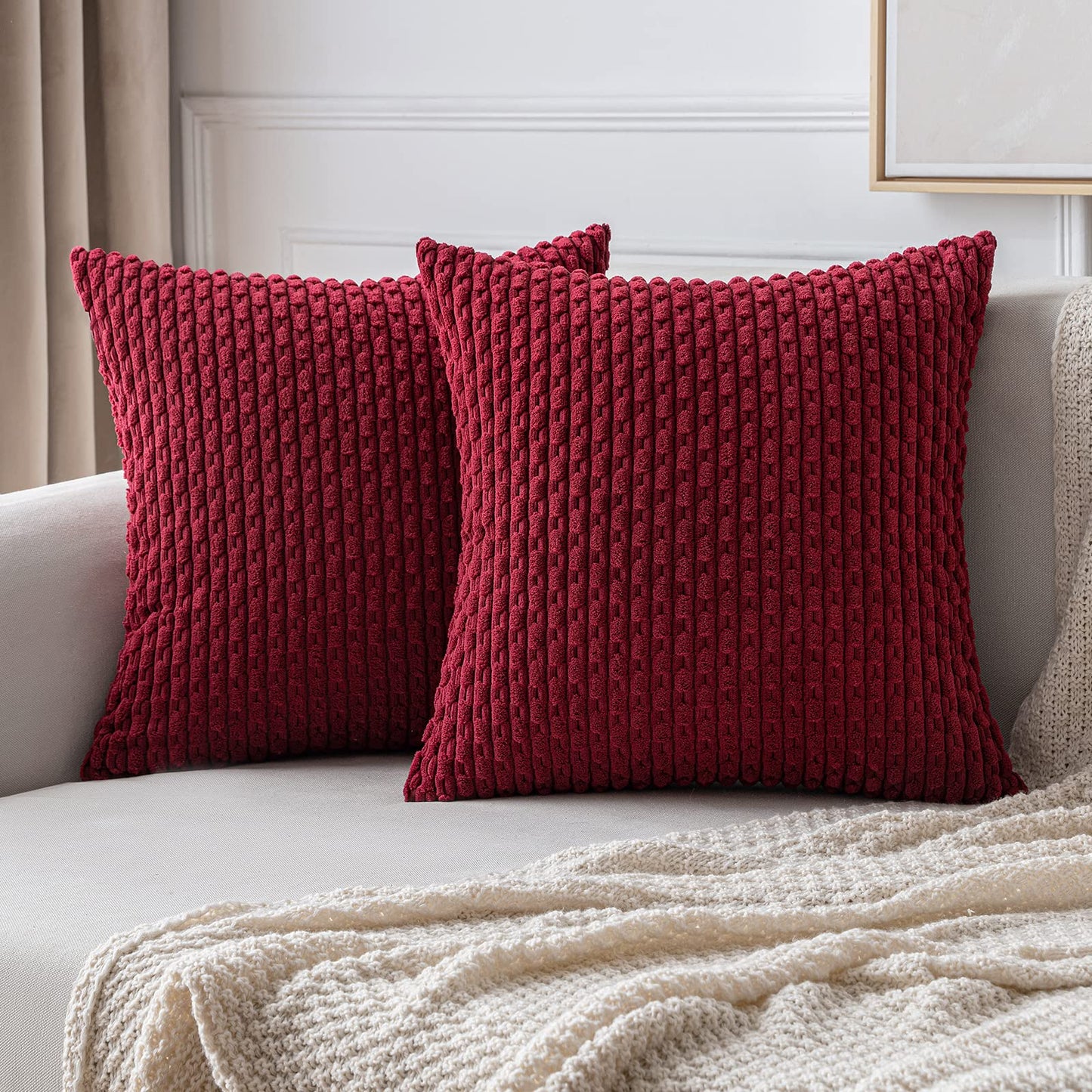 MIULEE Corduroy Decorative Square Throw Pillow Covers 18 x 18 Inch Burgundy