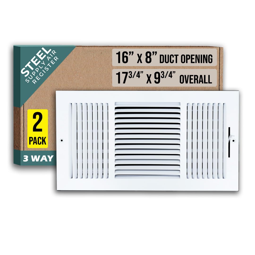 Steel 3-way air diffuser for 16x8 duct openings, ideal for sidewall or ceiling installation, white finish, by Handua.
