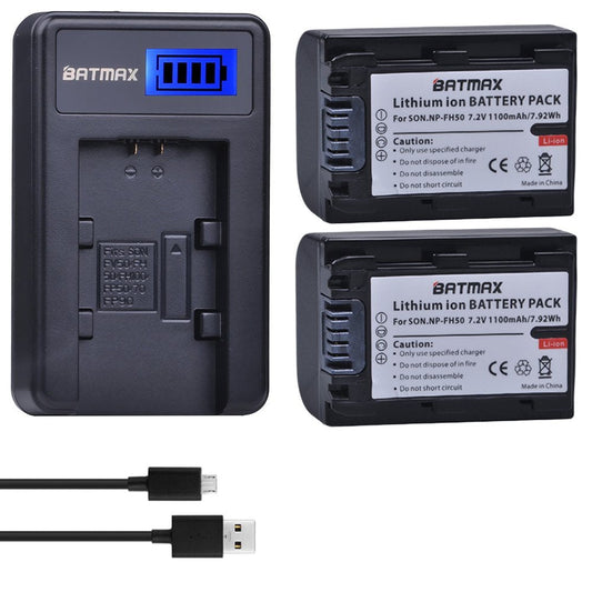 Batmax dual NP-FH50 battery pack with LCD USB charger for Sony Alpha DSLR and Cyber-Shot cameras.