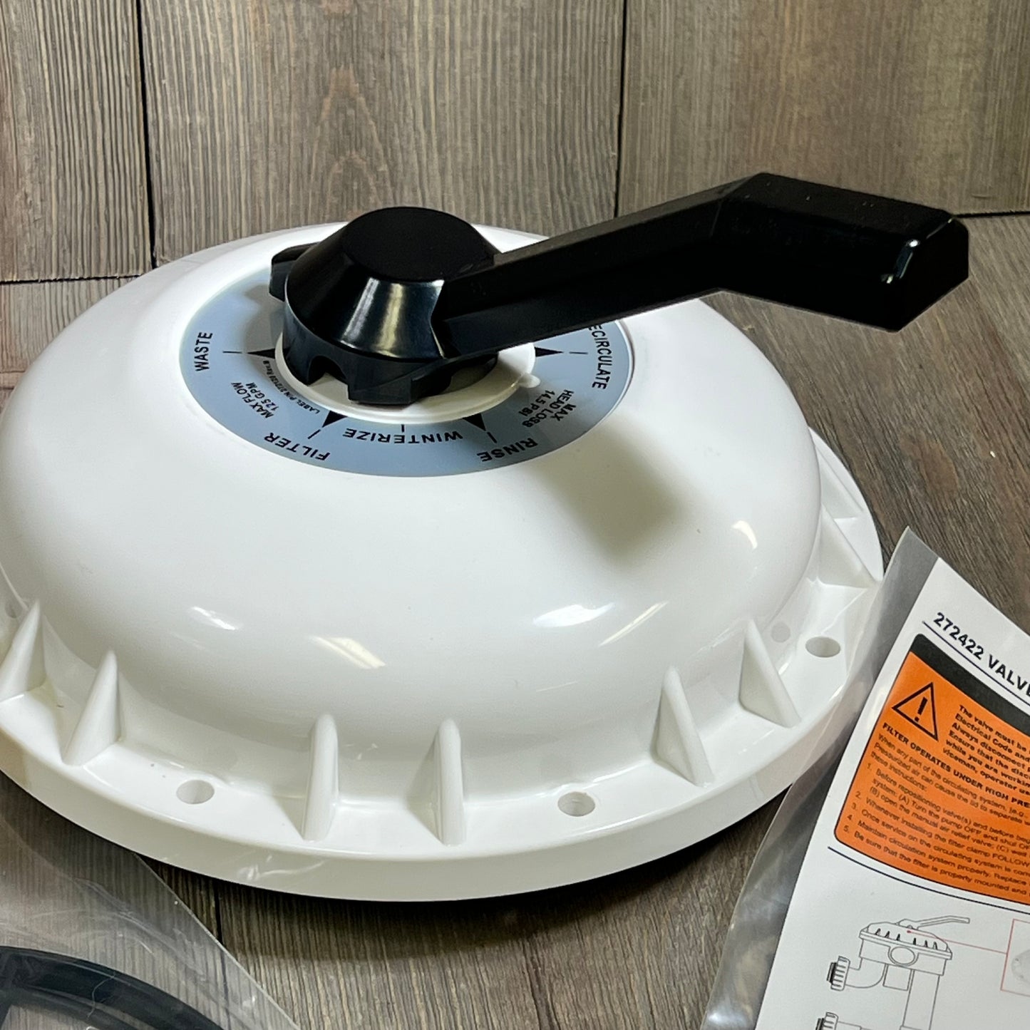 Alt text: Deecaray Valve Top Assembly with handle, diverter seal, and compression spring for 2-inch HiFlow valves on wood sur