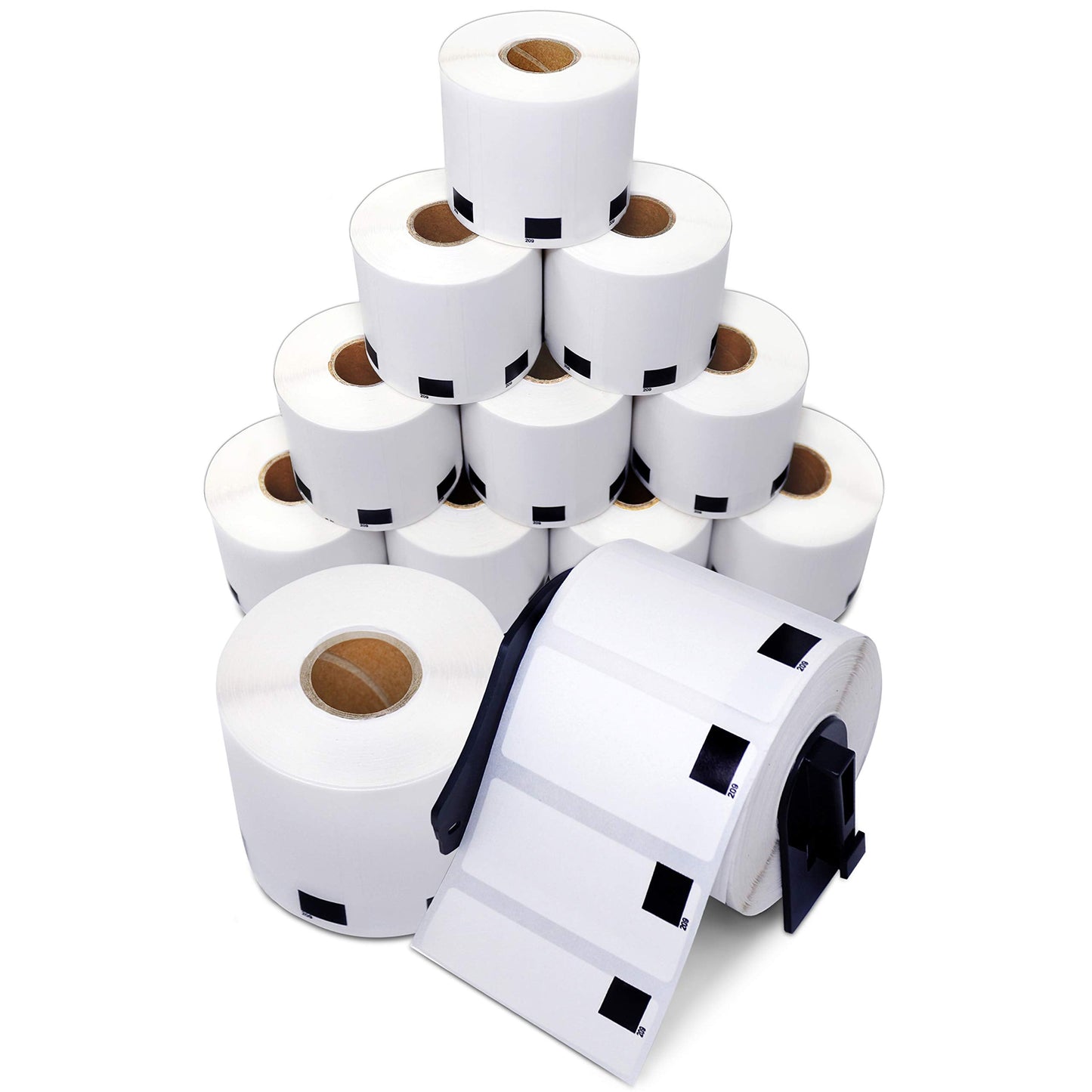 Twelve rolls of Aegis Adhesives compatible label replacement for Brother DK-1209, shown with a frame for QL label printers.