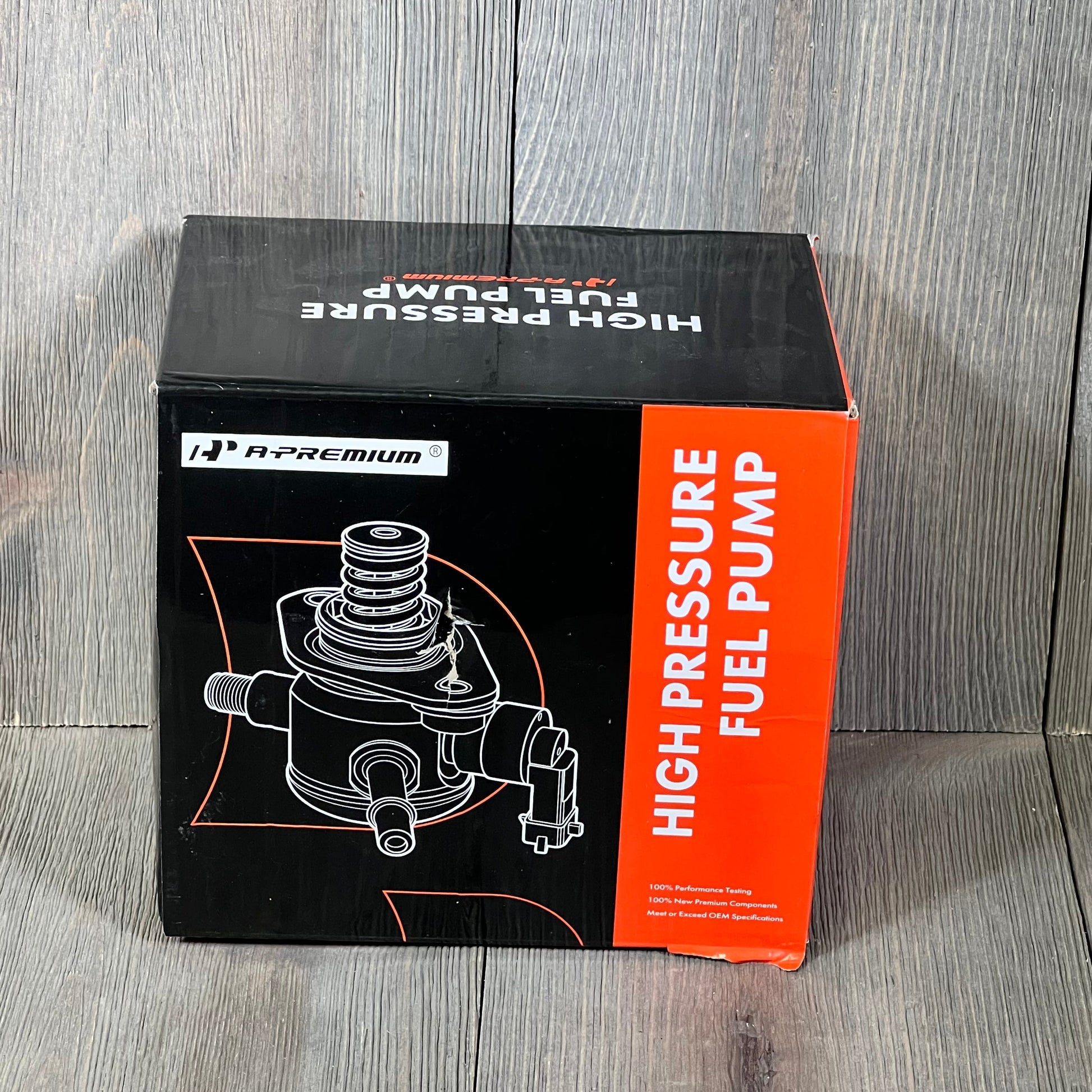 A-Premium high pressure fuel pump packaging, compatible with Ford and Lincoln models, showcasing product features.
