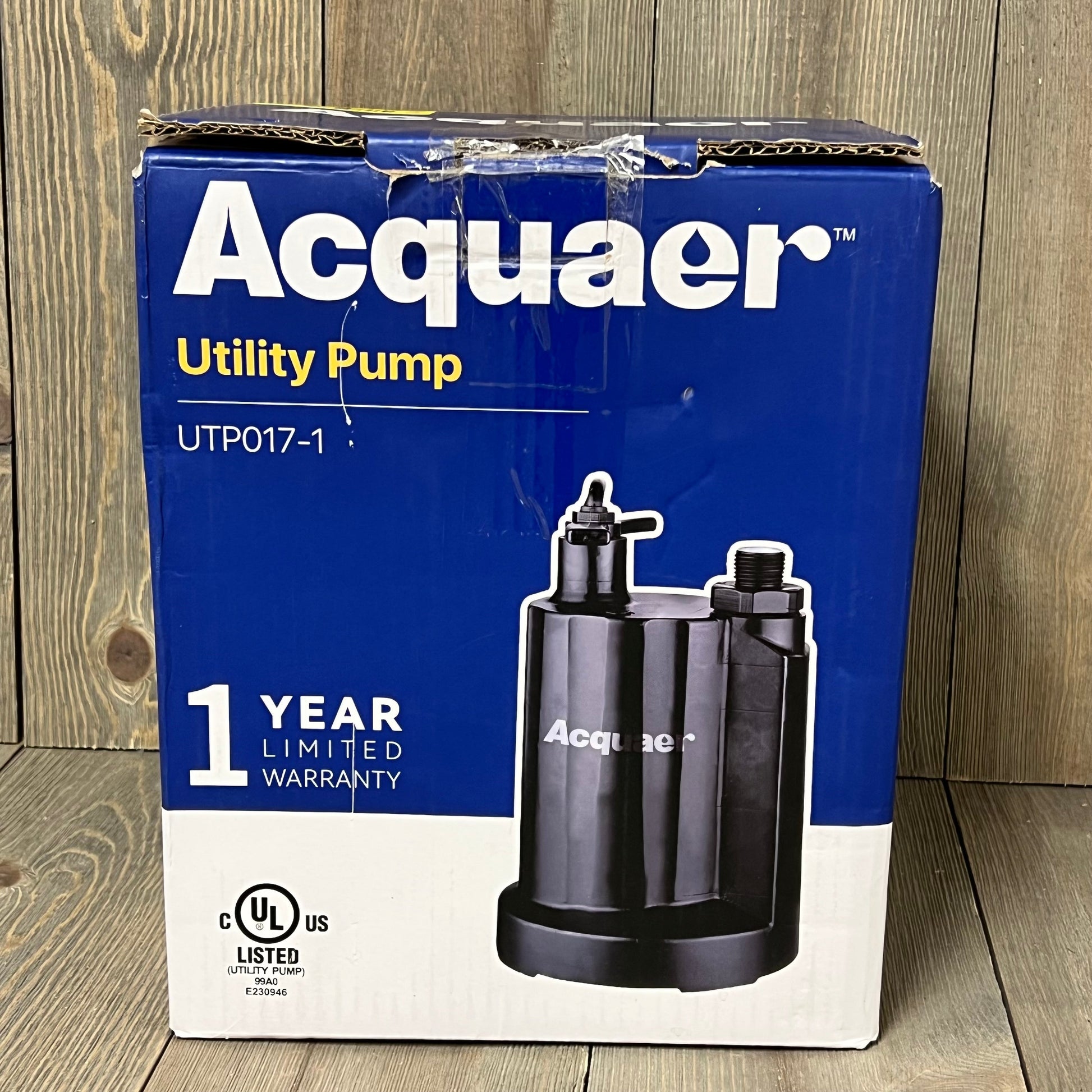 Acquaer submersible water pump box with 1-year warranty, featuring model UTP017-1 for versatile drainage solutions.