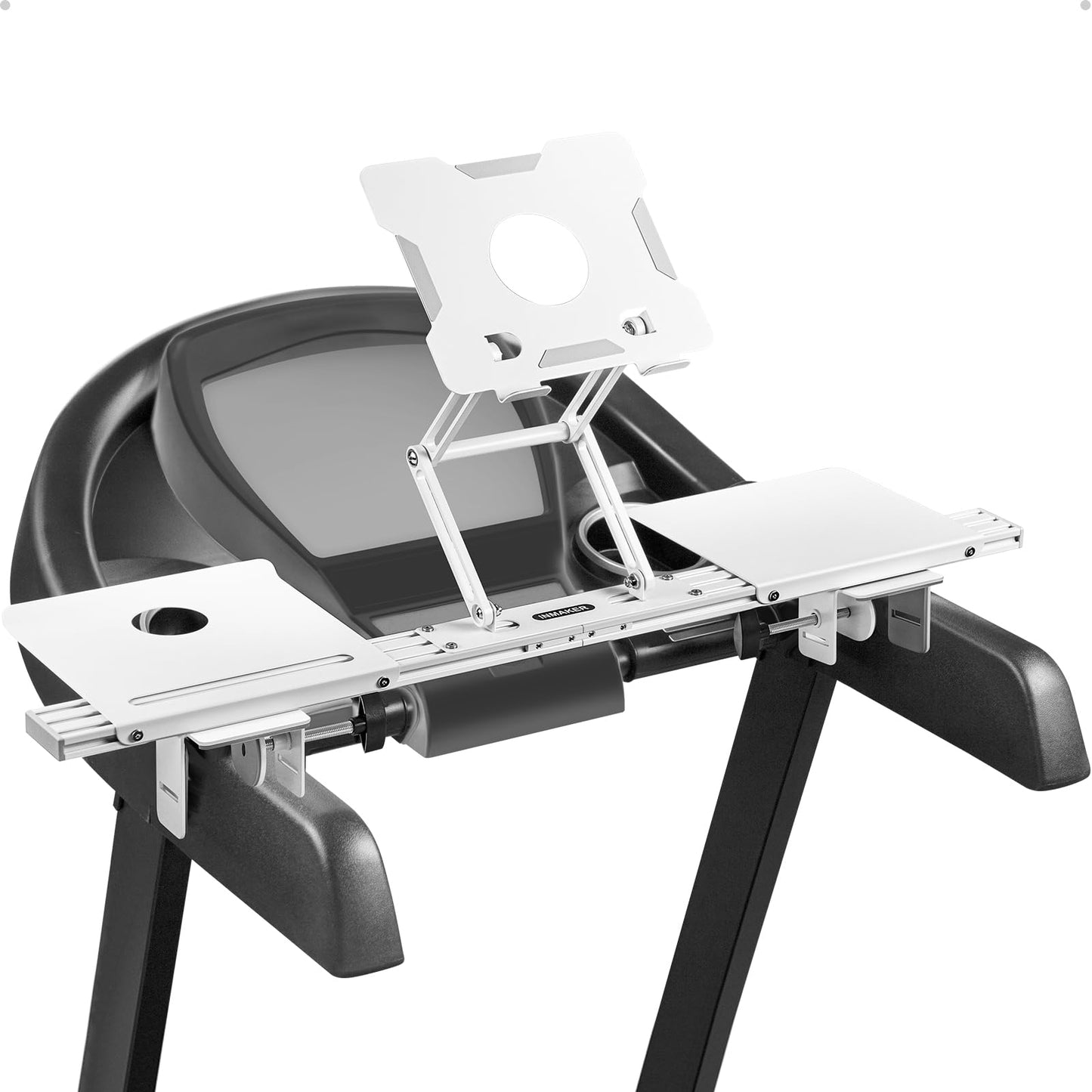 Universal treadmill laptop holder in white, adjustable for height and width, with a sturdy aluminum stand and tray.