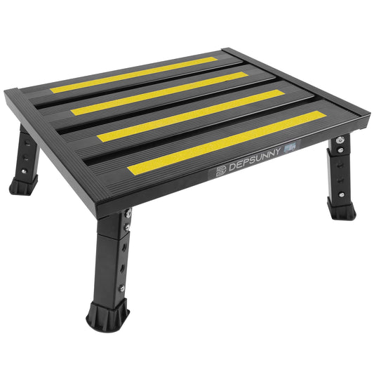 Adjustable aluminum RV step stool with non-slip yellow strips and rubber feet for stability. Supports up to 1,000 lb.