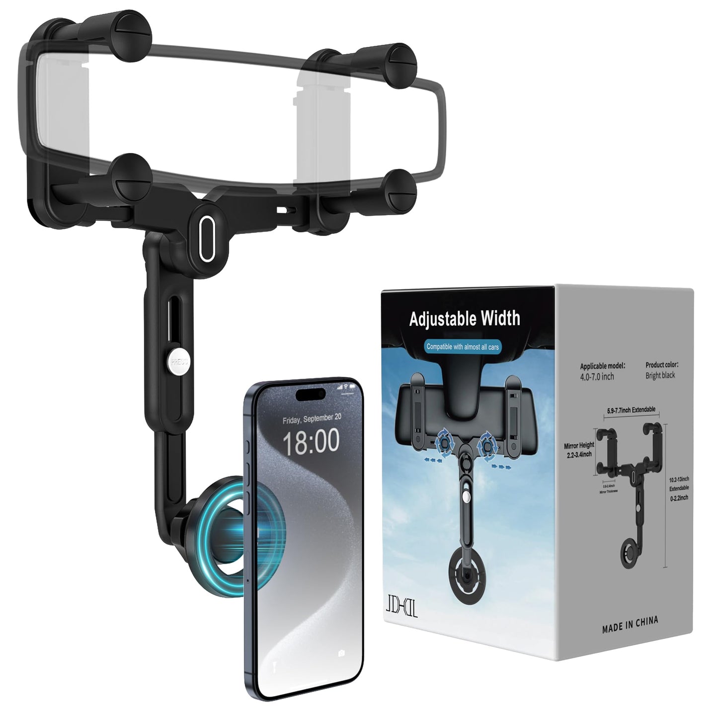 Adjustable Magsafe car mount with rotatable phone holder, shown with packaging and iPhone, ideal for rear view mirrors.