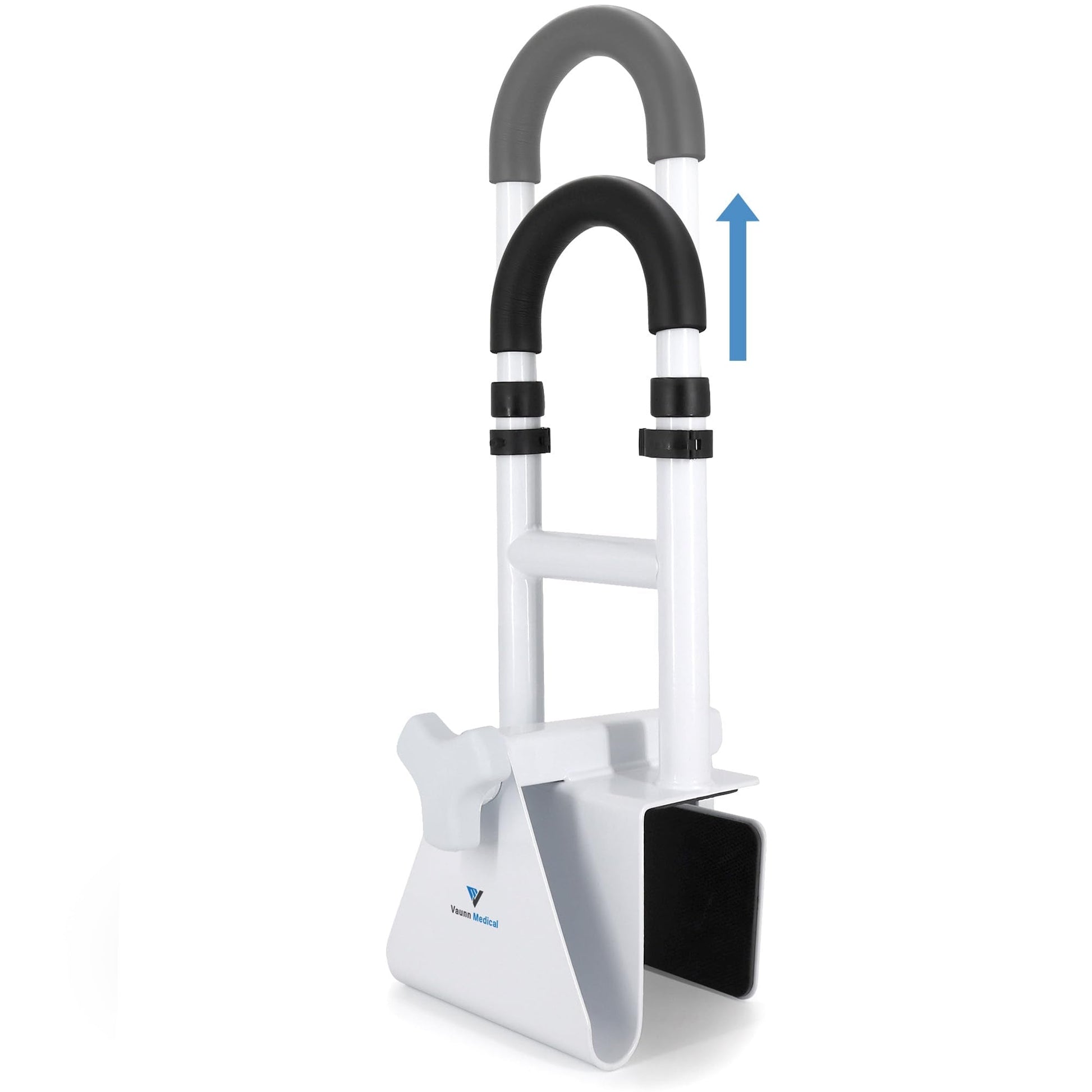 Height-adjustable Vaunn Medical bathtub handle grab bar with safety rails for seniors, featuring ergonomic black grips.
