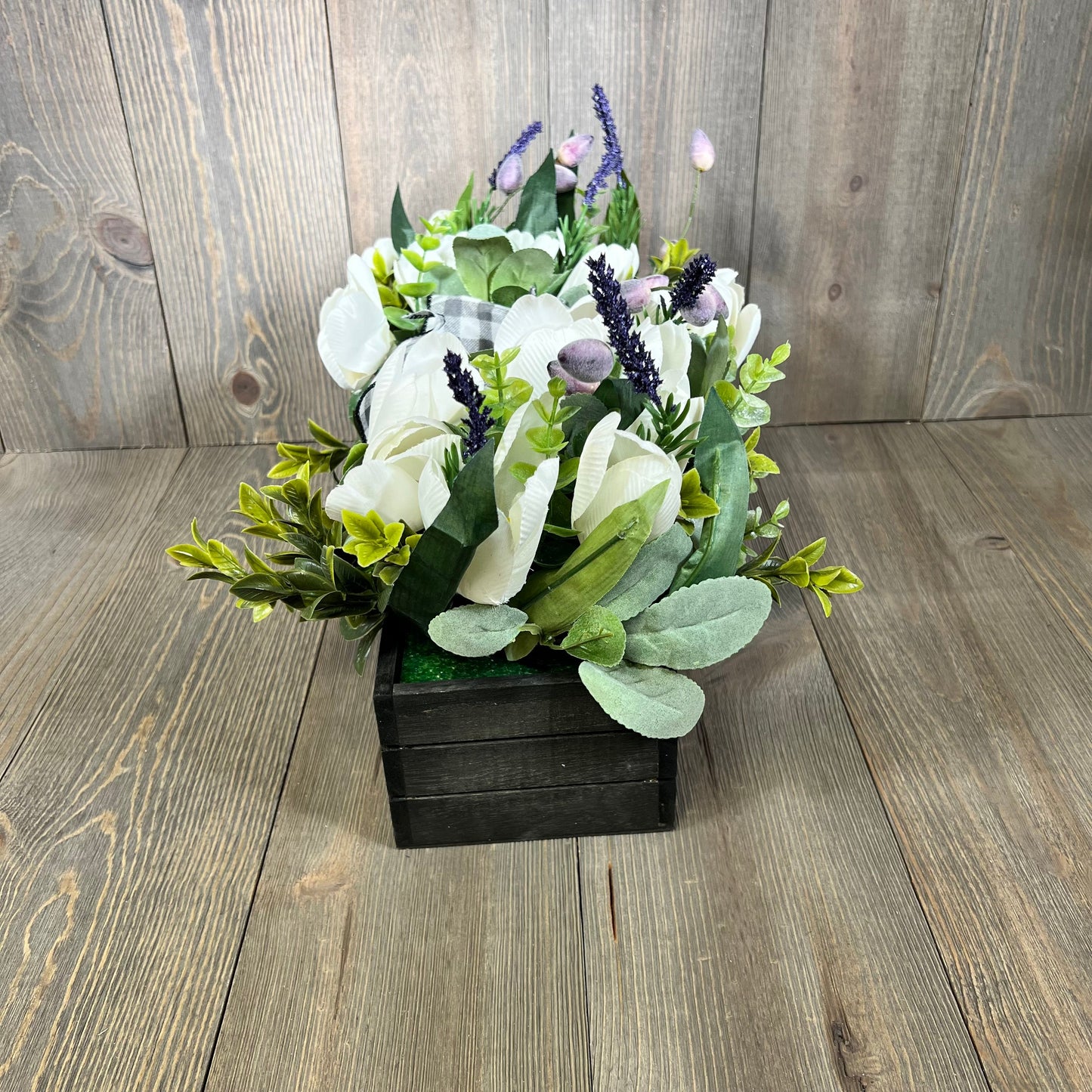 Artificial tulip and lavender arrangement in a wood box, perfect for spring and Easter tabletop decor, 14 inches.