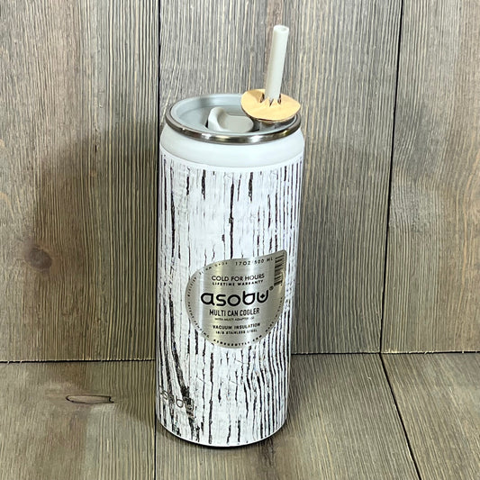 White Asobu Multi Can Cooler with straw, featuring a rustic wood design, perfect for keeping drinks cold for hours.