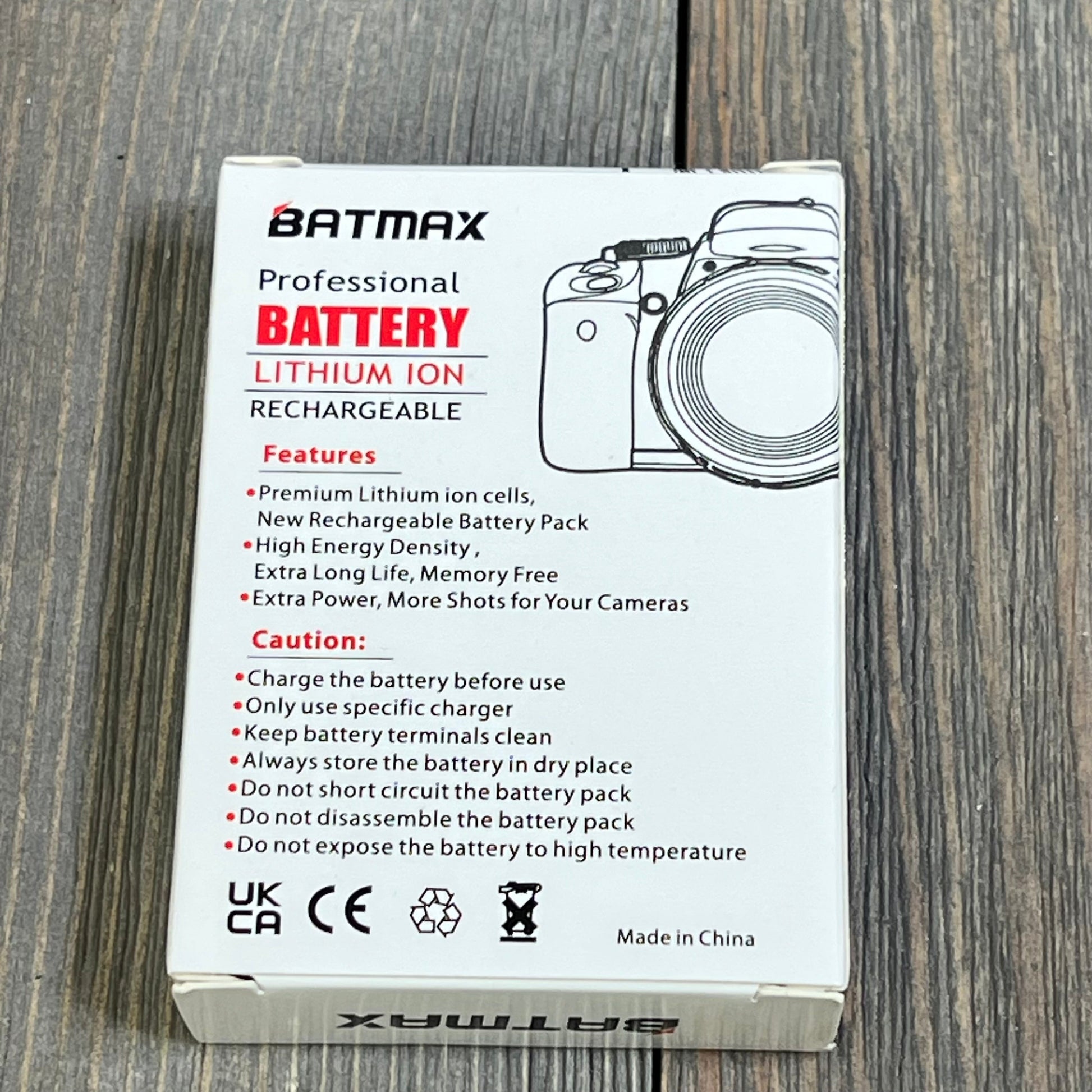 Packaging of Batmax 2Packs NP-FH50 Battery with features and safety instructions for Sony cameras and handycams.