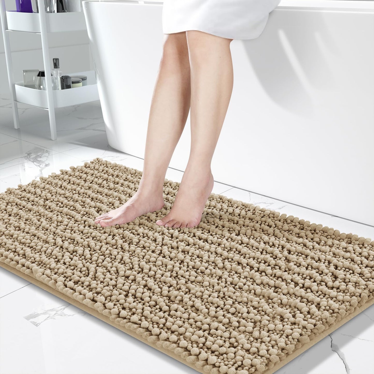 Soft chenille bath rug in pale khaki, absorbs moisture, non-slip, perfect for bathroom floors, size 55 x 24 inches.