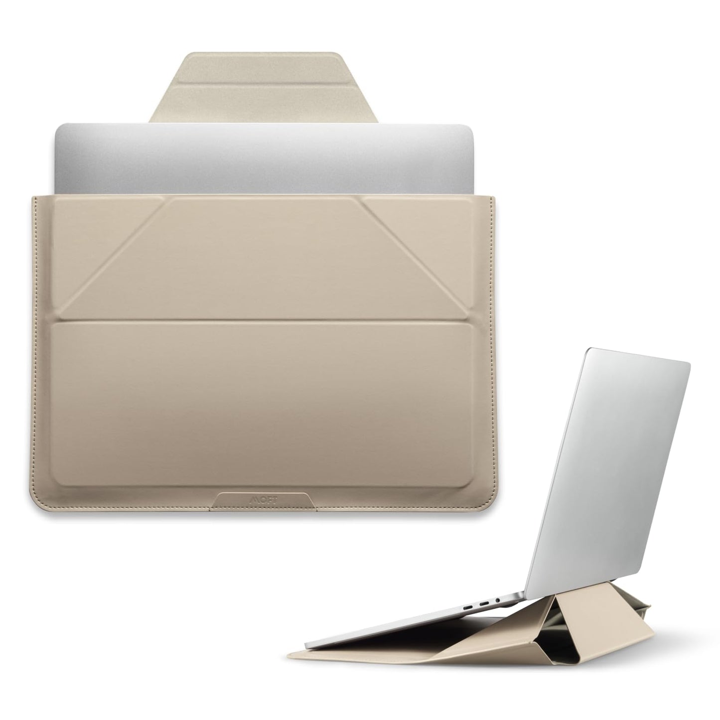 Ultra-slim MOFT laptop sleeve bag in beach white, holds 15"-16" MacBook, features expandable storage and adjustable stand.