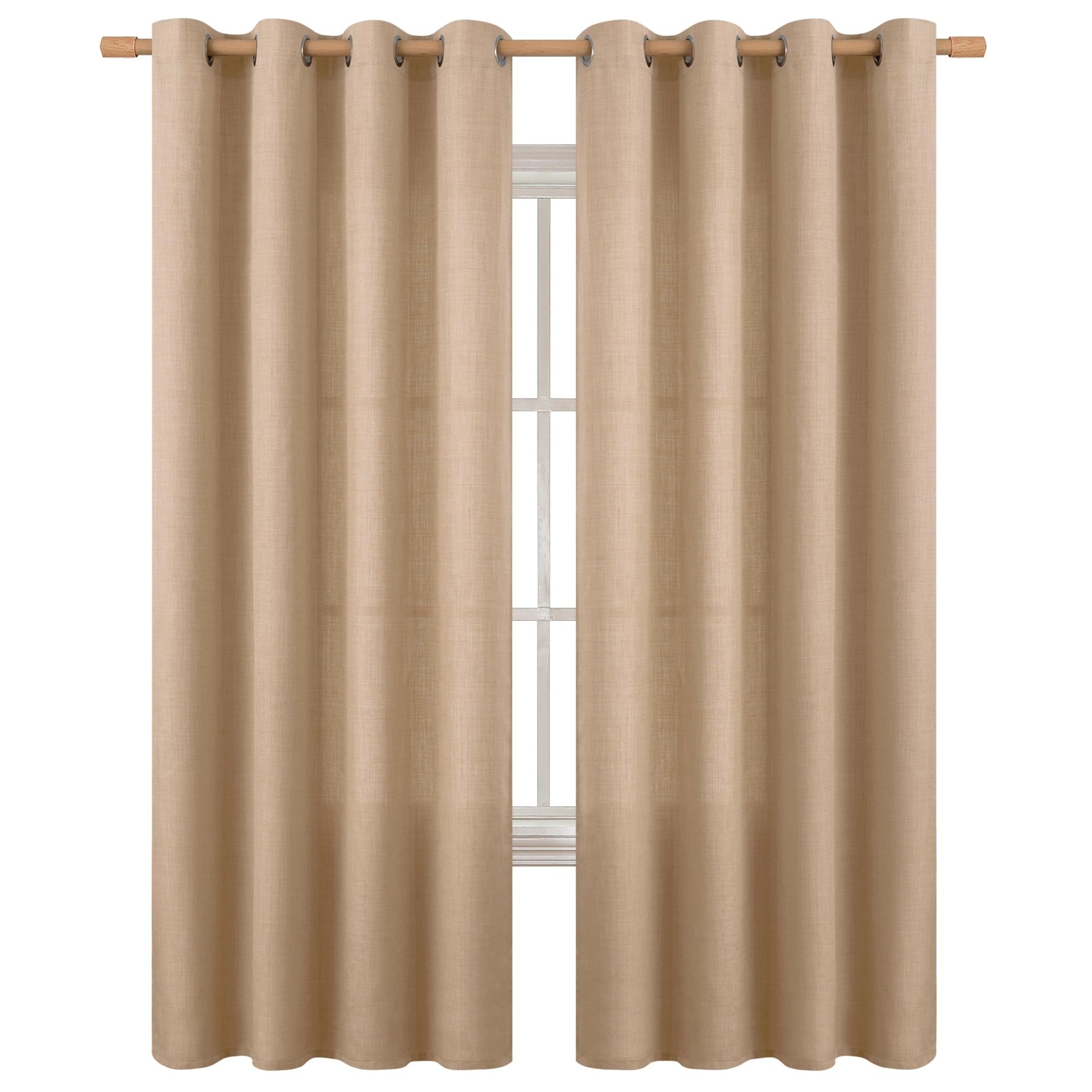 Faux linen curtains in tan with burlap texture, 90 inches long, offering light filtering and privacy for living room windows.