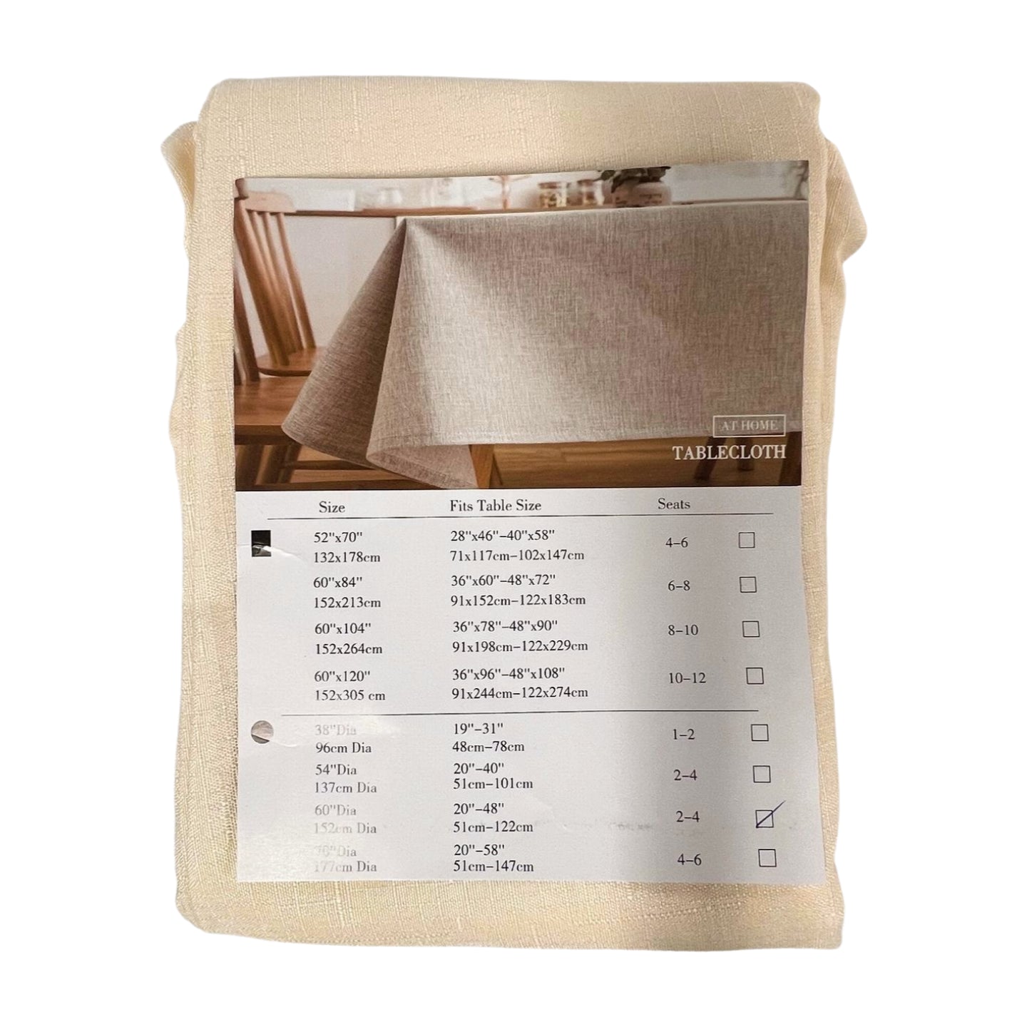 Textured linen round tablecloth packaging with size chart and image of cloth draped over a wooden table.