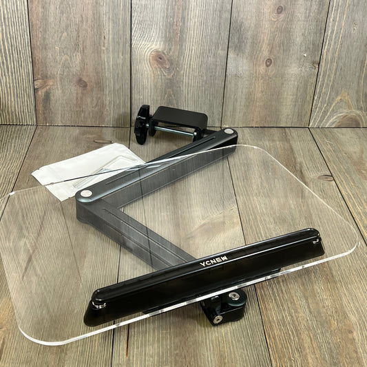 Ergonomic acrylic book stand with adjustable height and rotating base on wooden surface, ideal for reading and tablets.