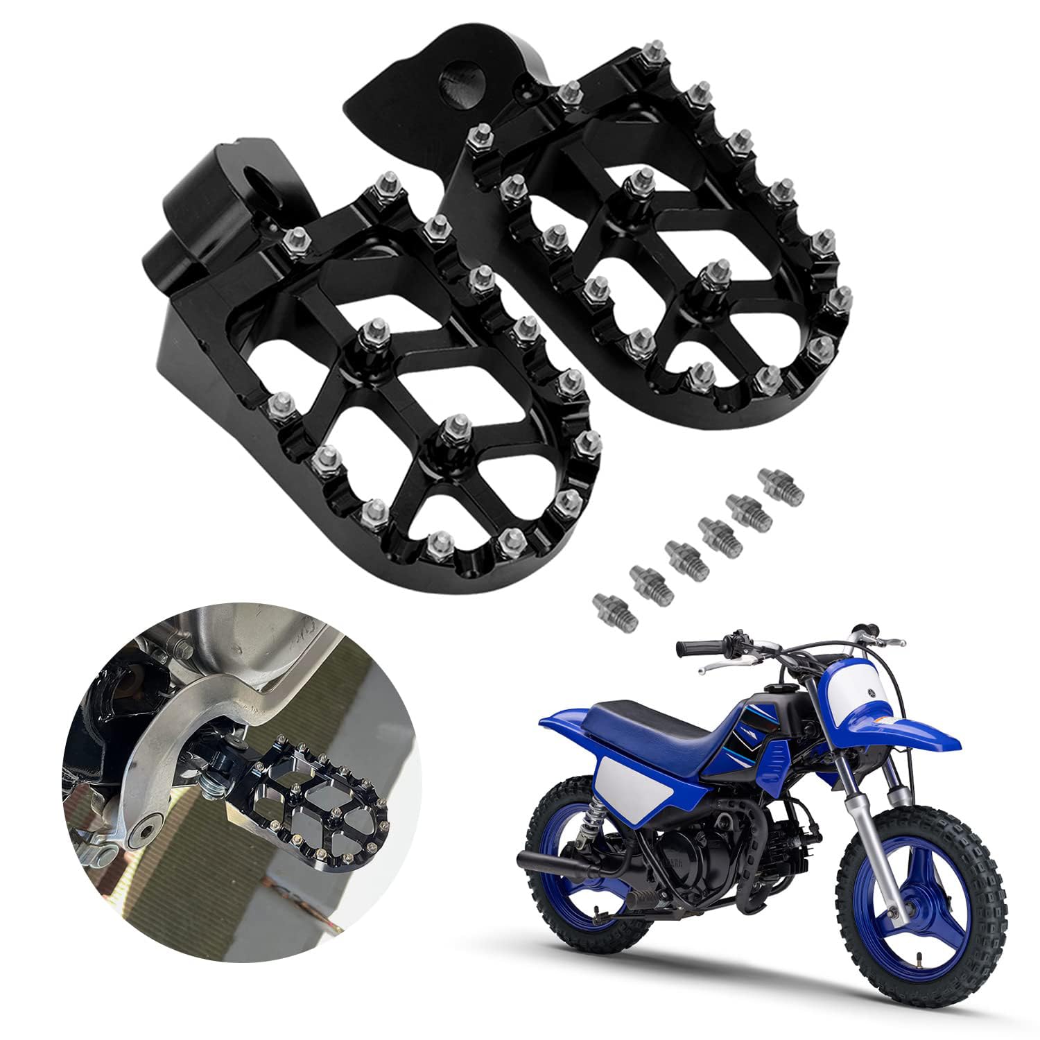Black AnXin motorcycle foot pegs for PW50 and PW80, featuring a rugged design with installation bolts and a dirt bike illustration.
