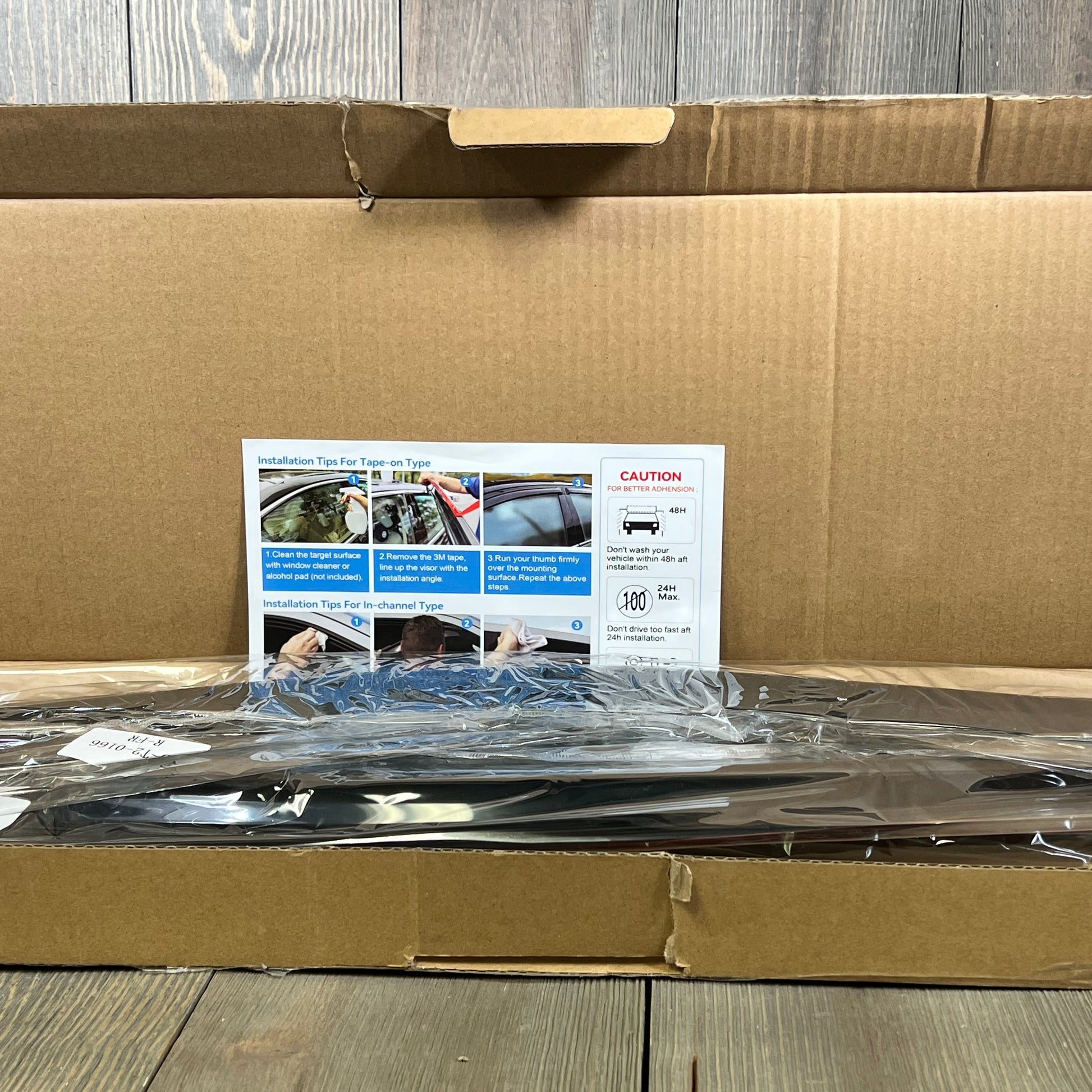 Packaging of 1047400714 window visors rain guards for 2015-2024 Ford F150 SuperCab, showing installation tips.