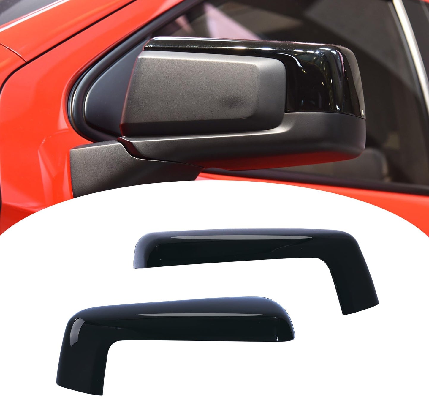 Glossy black mirror cover cap trim for 2019-2024 Chevy Silverado 1500, GMC Sierra 1500, enhances sleek vehicle design.
