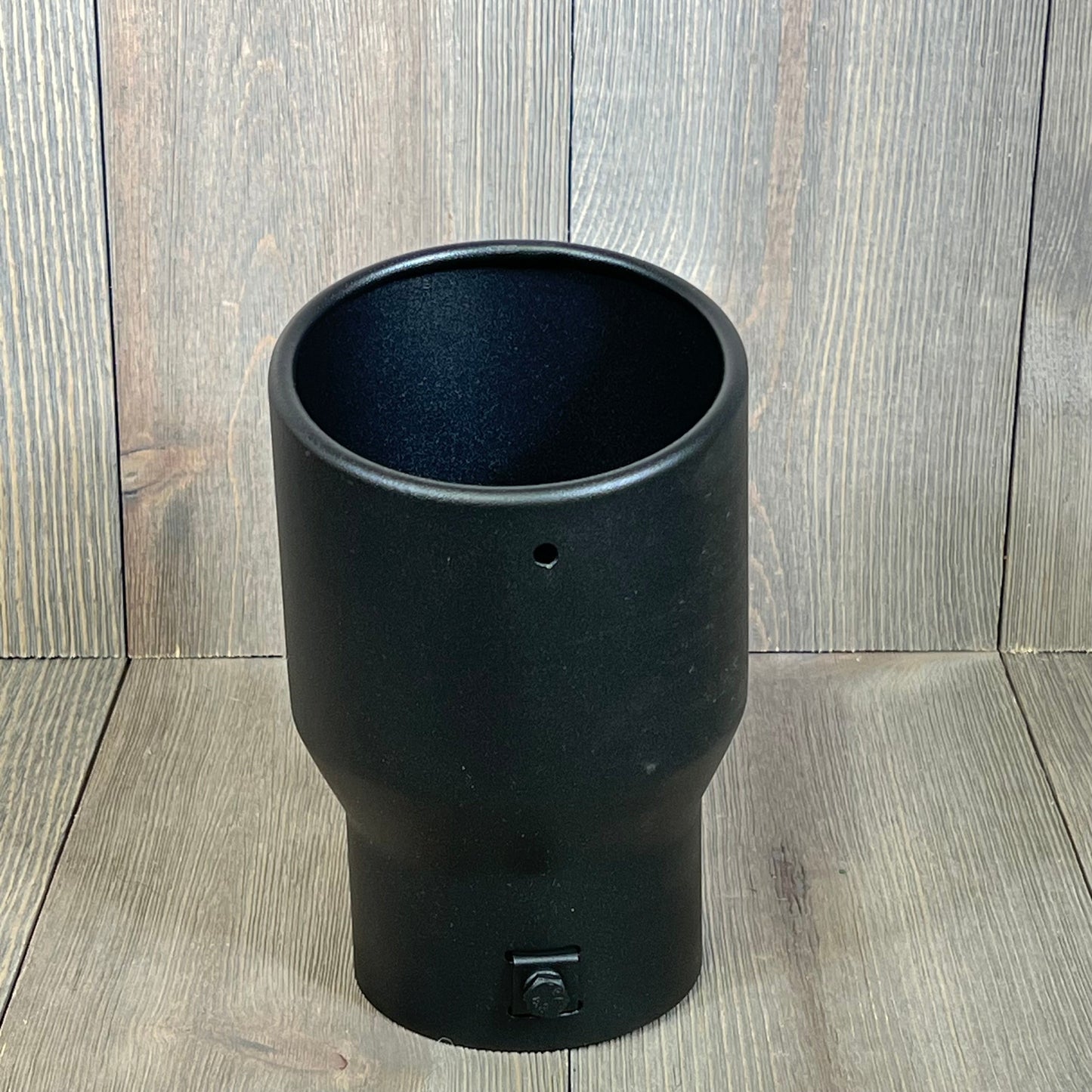 Black stainless steel TriTrust exhaust tip, adjustable 2.5-3 inch inlet, 4.5'' outlet, sleek design for tailpipe upgrade.