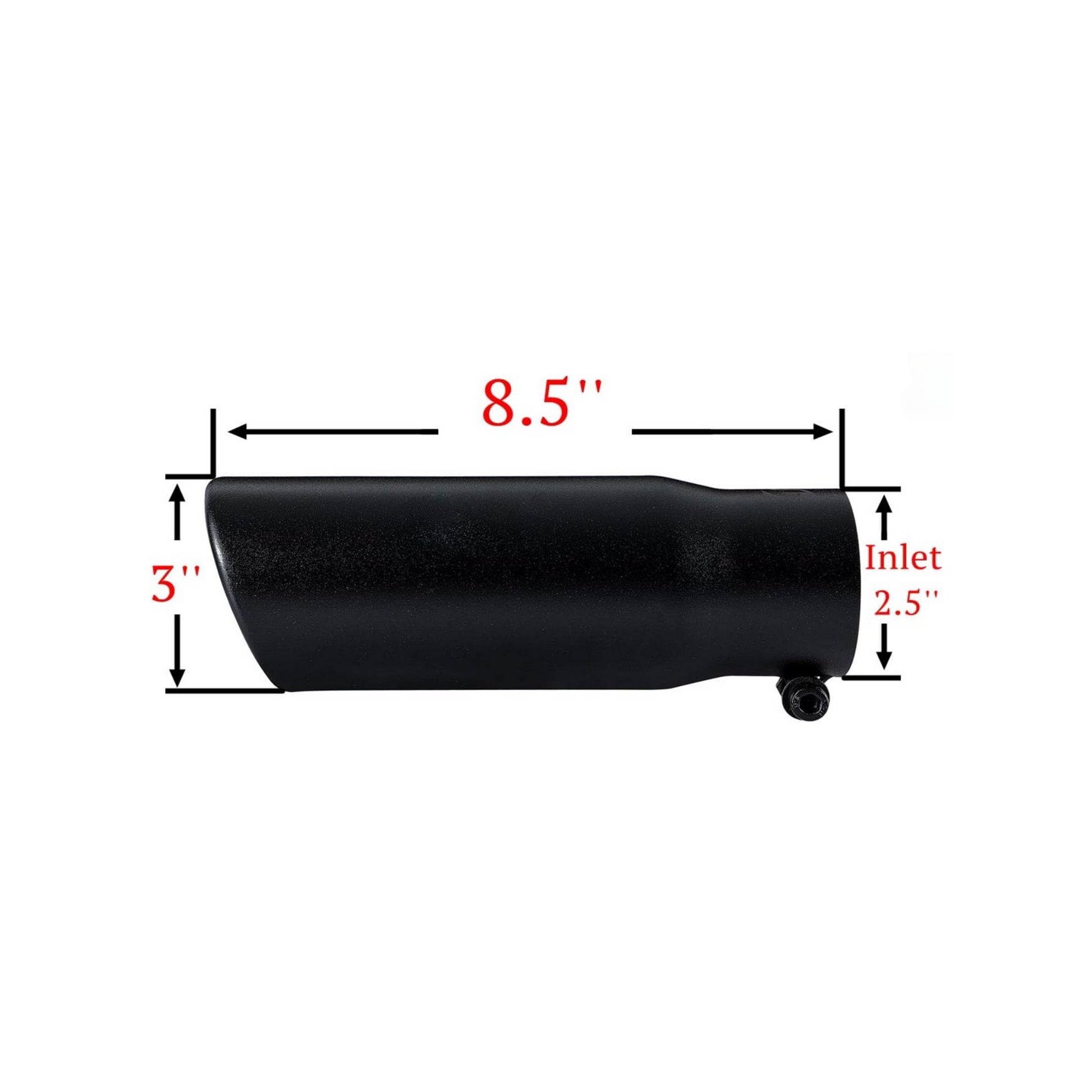 Black exhaust tip with 2.5-inch inlet, 3-inch outlet, and 8.5-inch length, showcasing bolt-on design in durable black-coated stainless steel.