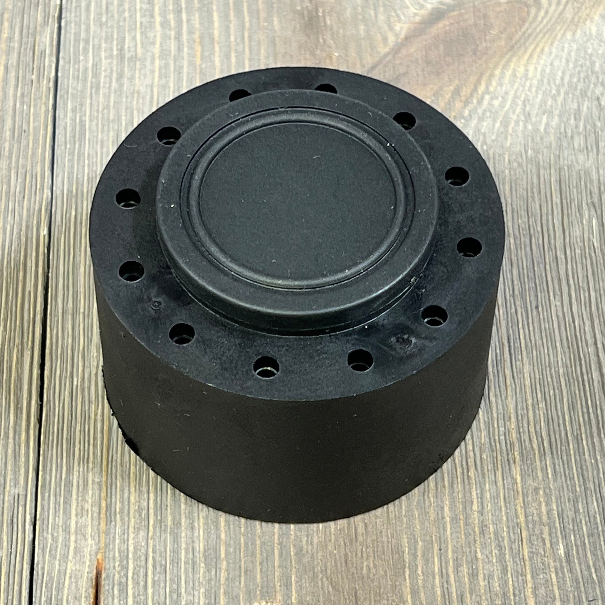 Black marine steering wheel adapter for QYMOPAY 12.5-inch boat steering wheel, featuring multiple mounting holes.