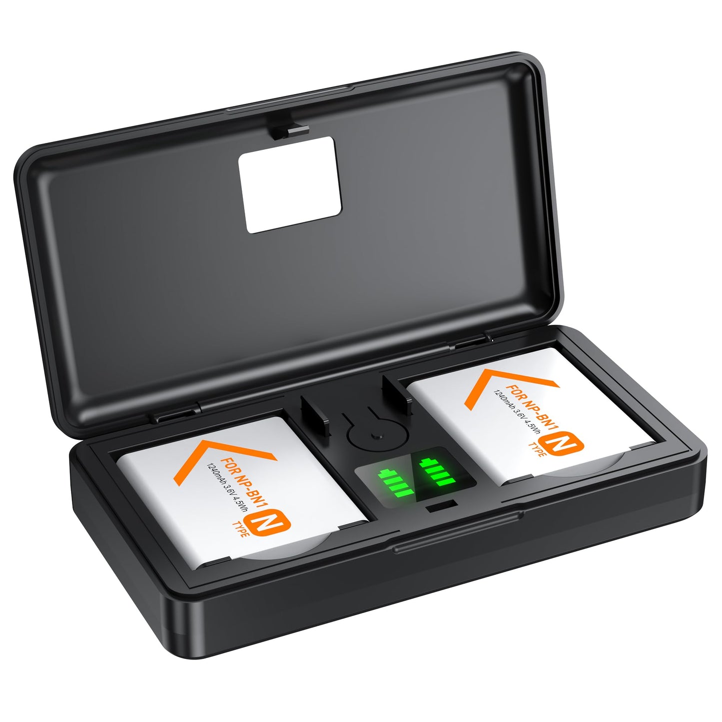 Dual NP-BN1 batteries in a sleek black charger case, perfect for Sony DSC-WX500 and more. Rechargeable and efficient.