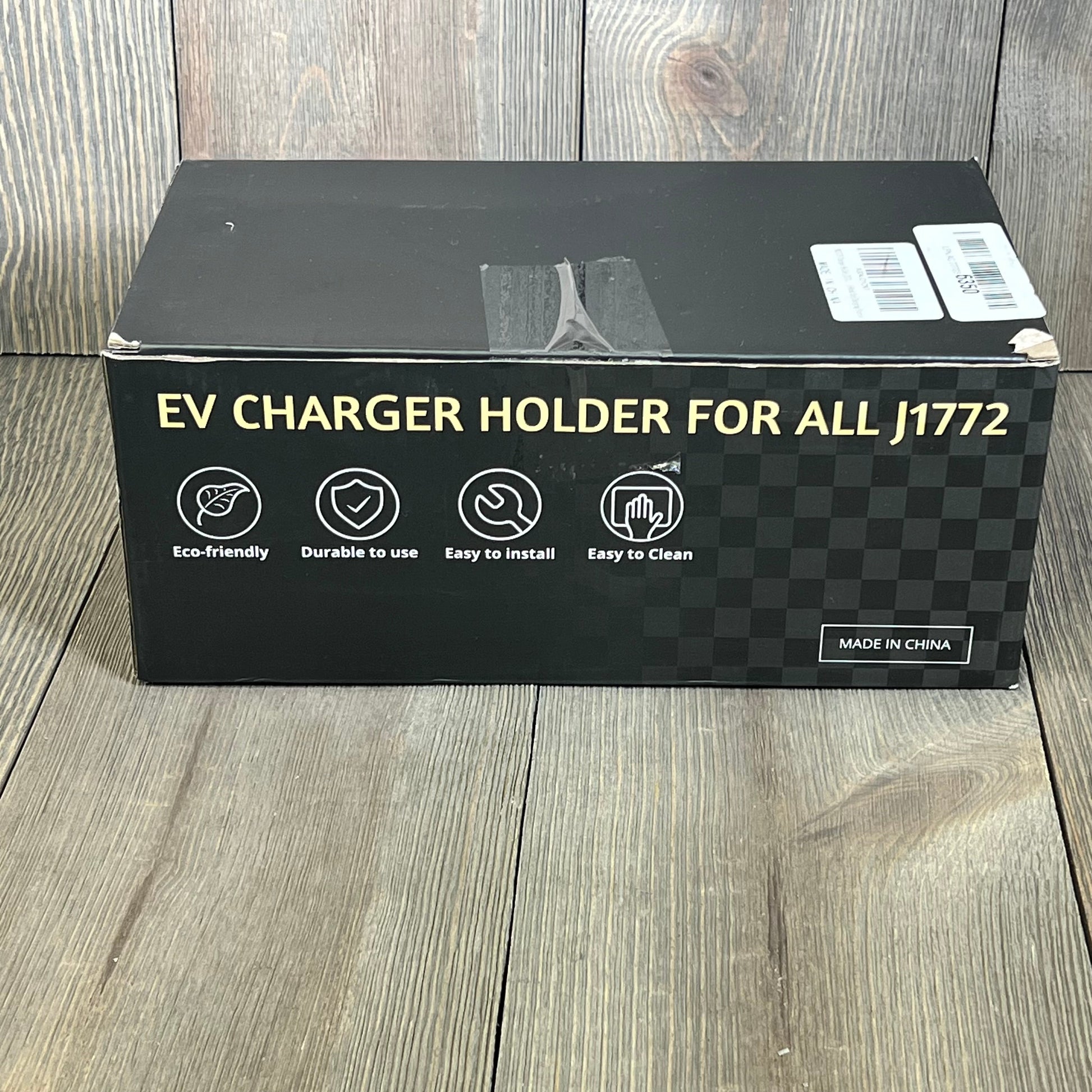 Box packaging of BMZX EV Charger Holder J1772, highlighting eco-friendly, durable, and easy-to-install features.