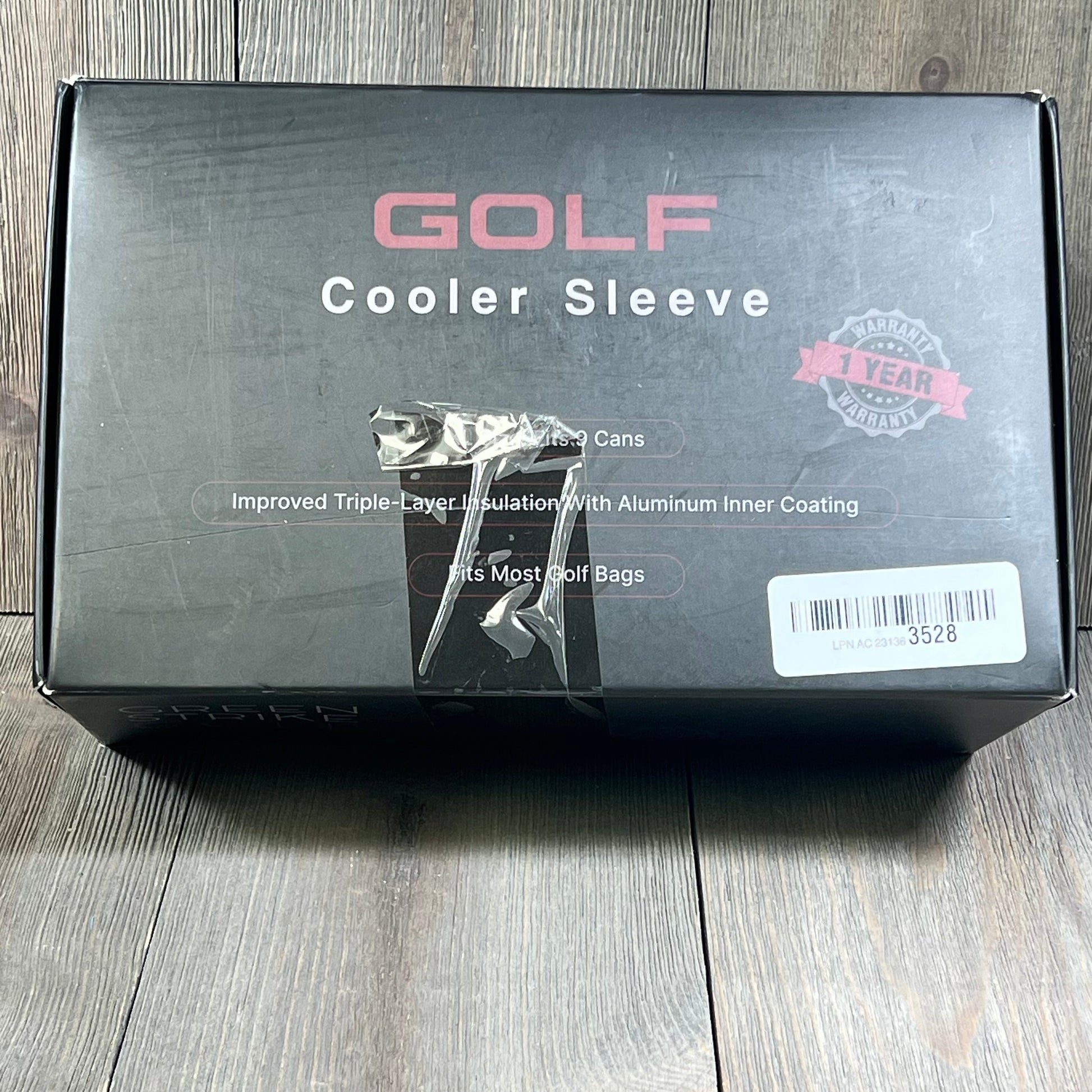 Golf bag cooler sleeve packaging, showcasing 9-can capacity, 360-degree insulation, and durable 1680D Oxford fabric.