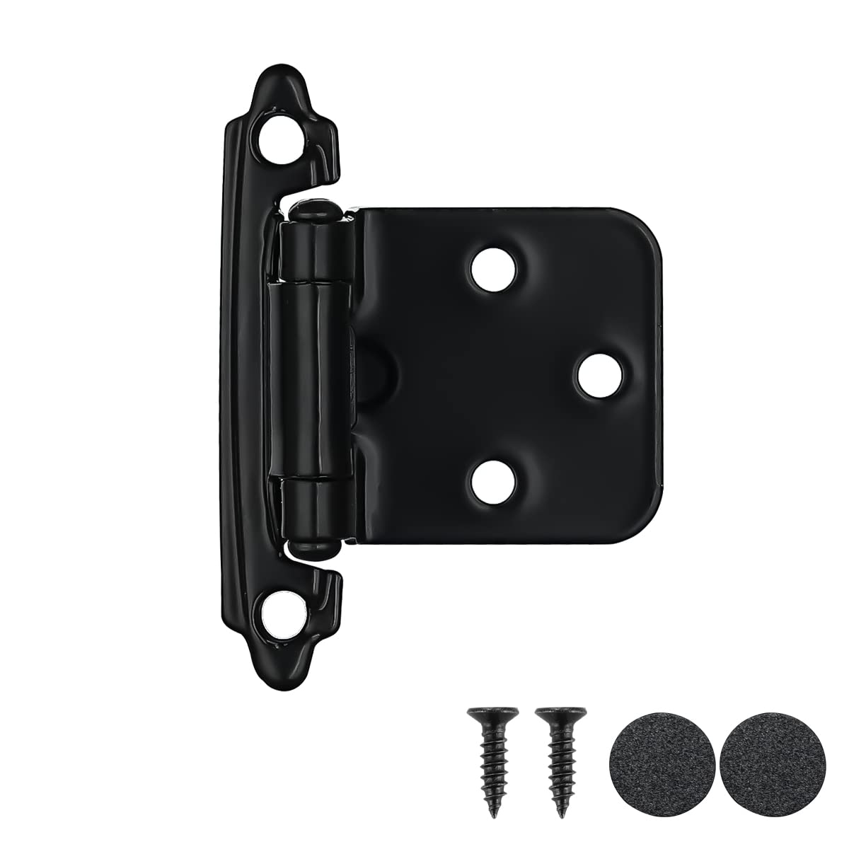 Black 1/2 inch overlay cabinet door hinge with screws and bumper pads, ideal for kitchen cupboards, self-closing design.