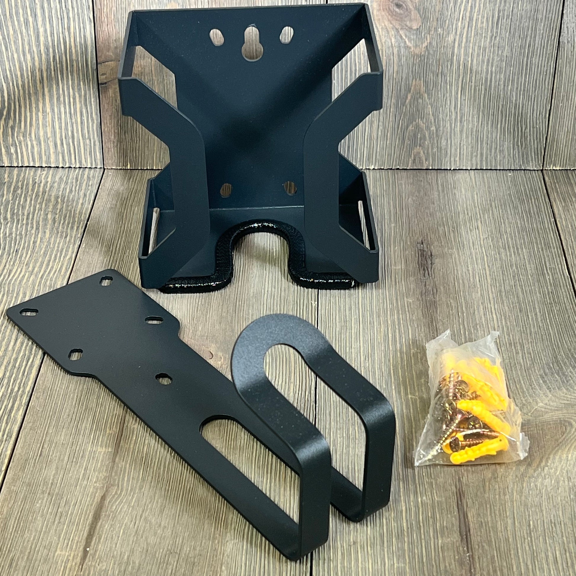 Wall mount kit for EV chargers with nozzle holster, J-hook, and screws, perfect for organizing SAE J1772 cables.