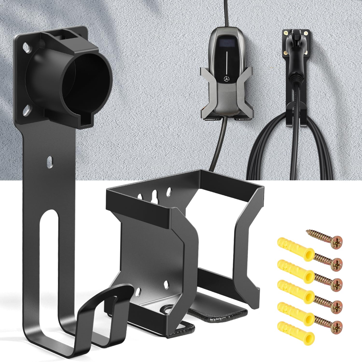 EV charger holder and wall mount kit with hardware, featuring J1772 cable organizer and nozzle holster for charging station.