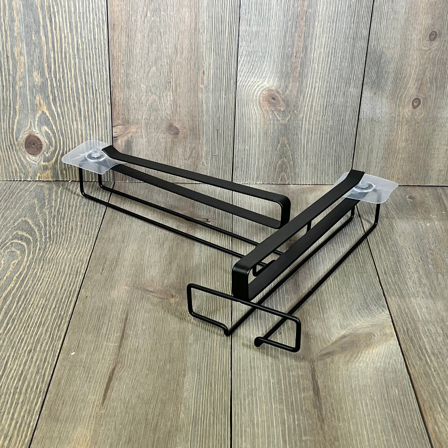 Black metal under-cabinet wine glass holder rack, ideal for organizing stemware in kitchens, set of 2.