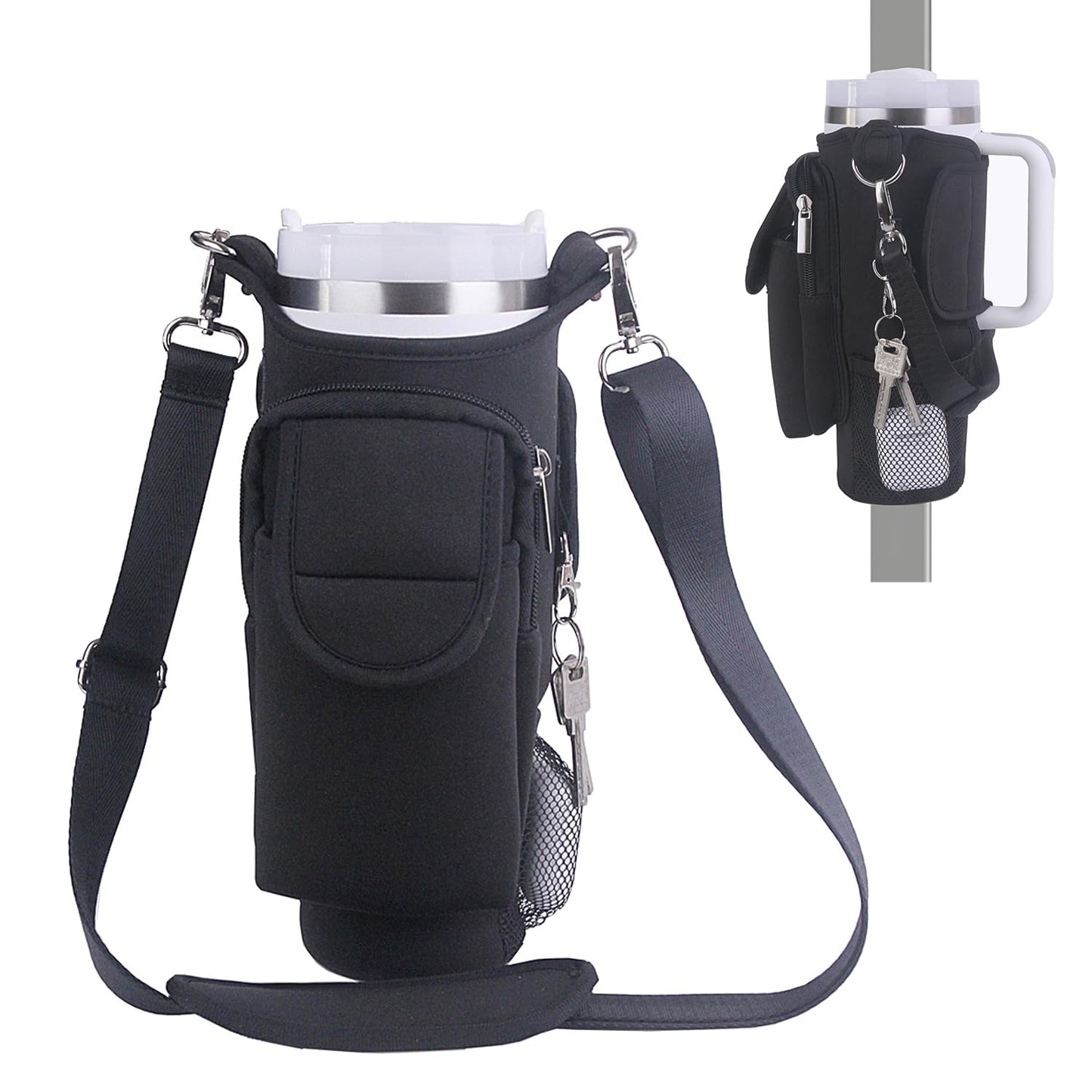 Black 40oz water bottle carrier bag with detachable shoulder strap, 5 magnets, and storage pouches, fits Stanley Cup.