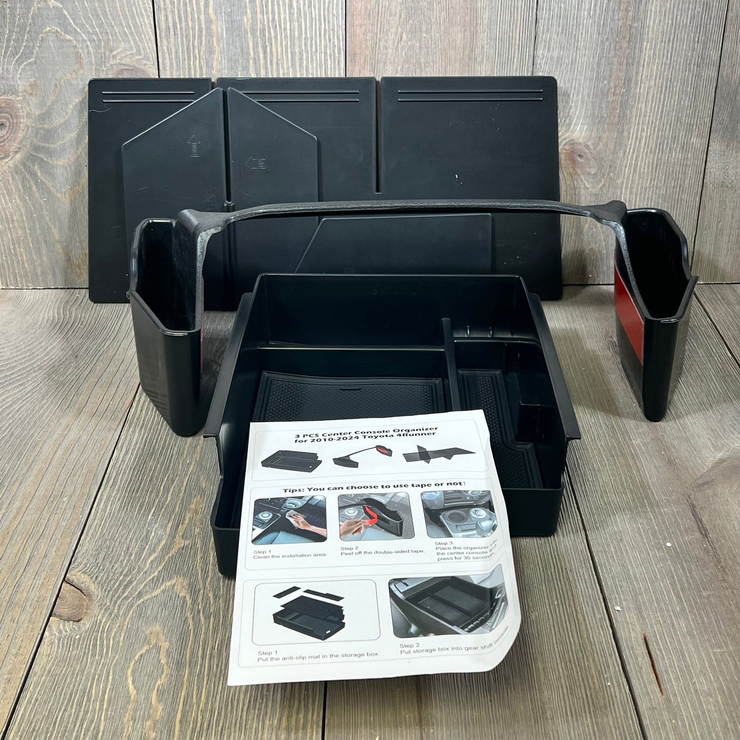 Center console organizer set for Toyota 4Runner 2010-2024, featuring glove box, gear shift tray, and armrest storage.