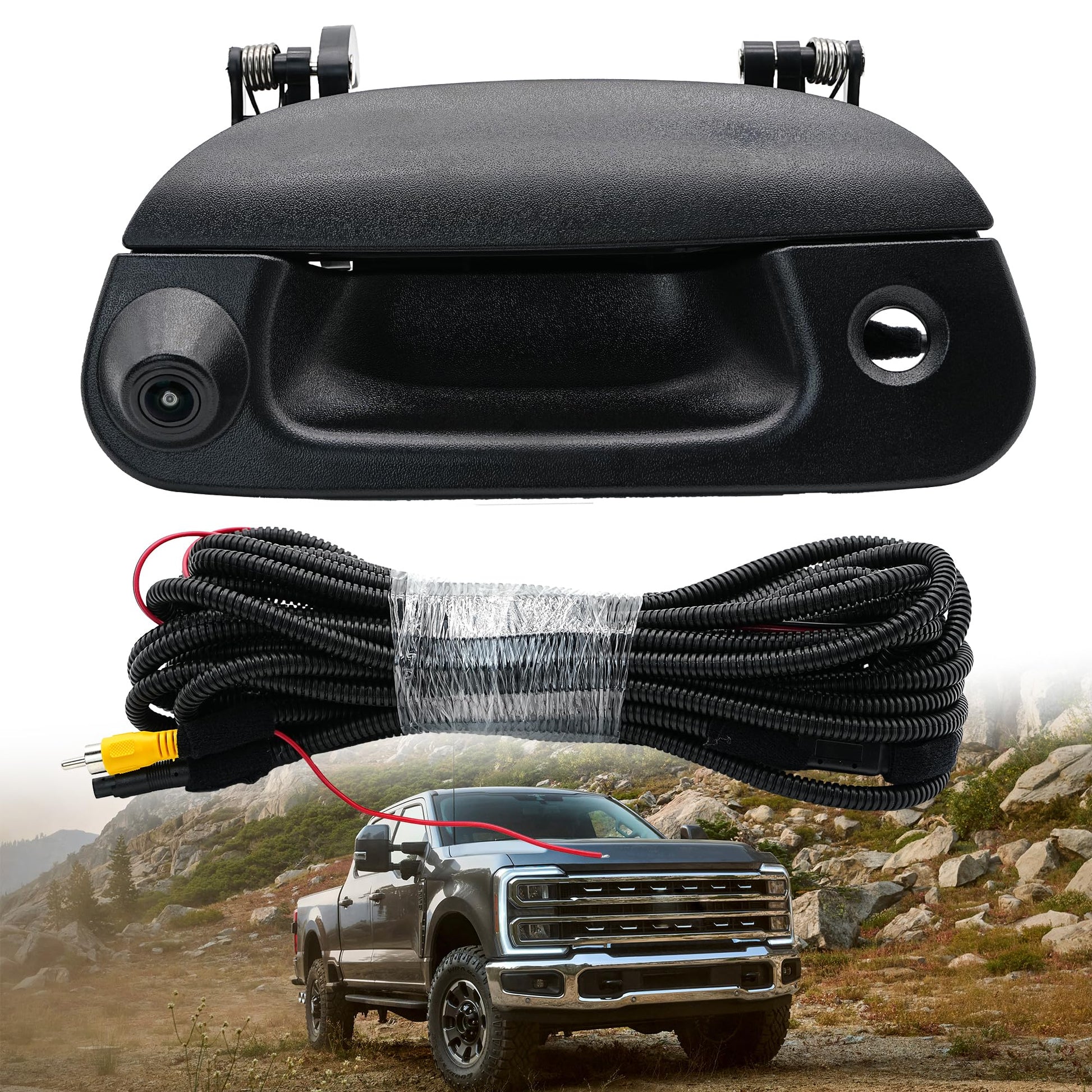 Backup camera tailgate handle with wiring, compatible with Ford F-150, F-250, F-350, F-450, F-550, Explorer, Lobo.