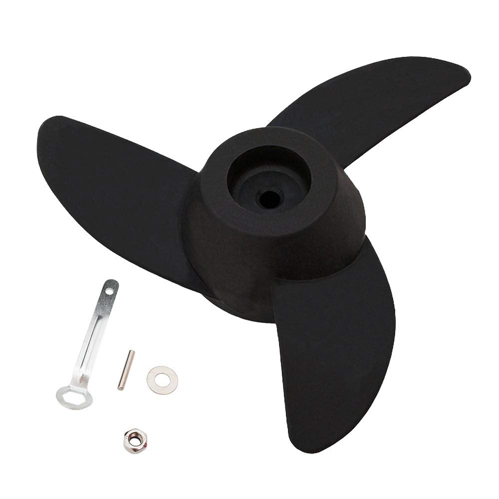 Black 3-blade propeller for electric outboard motor, suitable for 55lb, 62lb, 86lb trolling motors, includes mounting accessories.