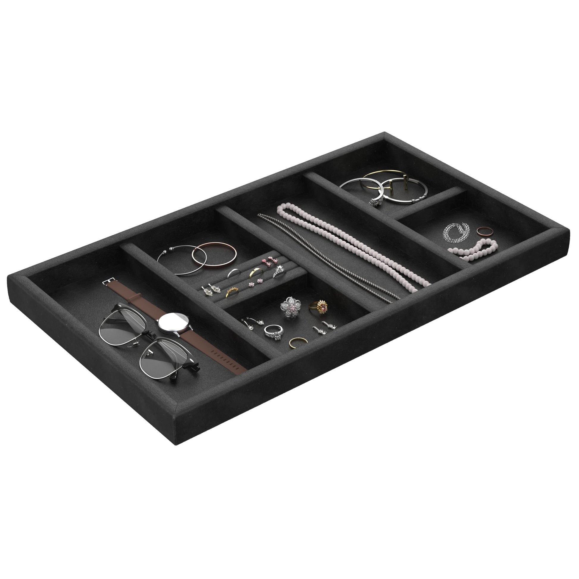 Velvet jewelry organizer with compartments for necklaces, earrings, bracelets, watches, and rings, in plush black finish.