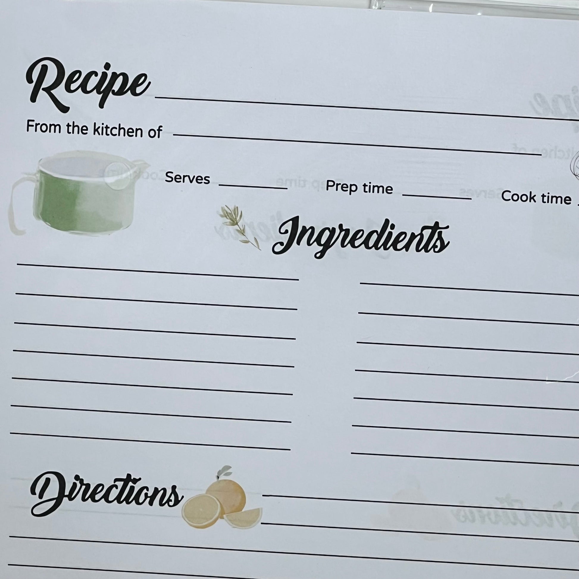 Blank recipe page from an 8.5x11 recipe book, featuring sections for ingredients and cooking directions.