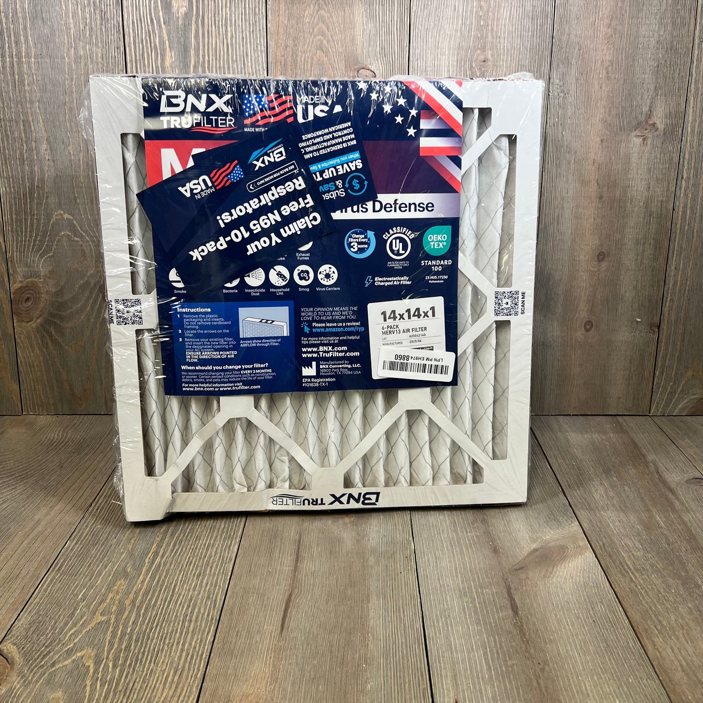 BNX TruFilter 14x14x1 MERV 13 air filter in packaging, highlighting USA-made quality and advanced allergen defense.