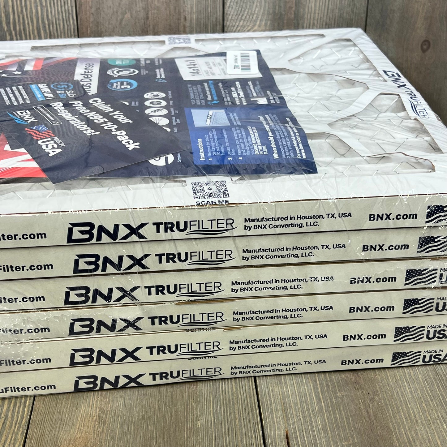 BNX TruFilter 14x14x1 Air Filter MERV 13 six-pack, showcasing packaging details, made in USA, ideal for allergens.