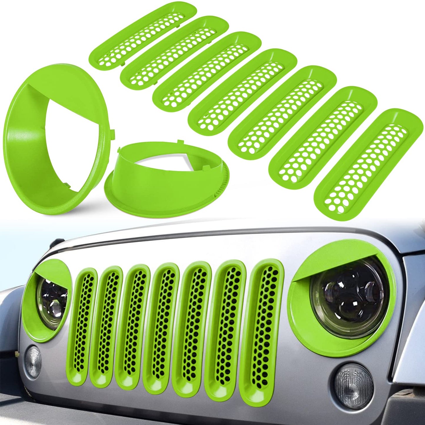 Matte green grille inserts and headlight covers for 2007-2017 Jeep Wrangler, enhancing style and protection.