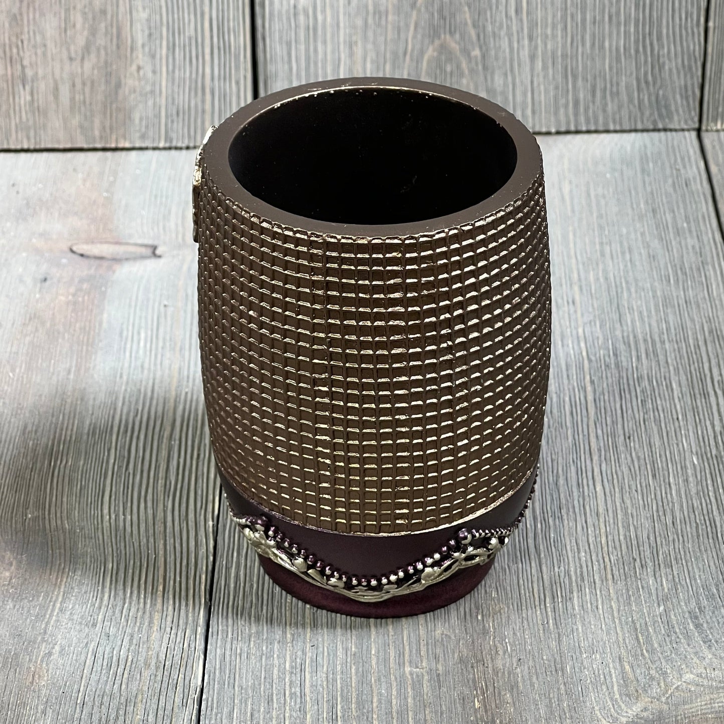 Burgundy tumbler with textured design, featuring ombre rose accents, from Popular Bath collection. Stylish bathroom accessory.