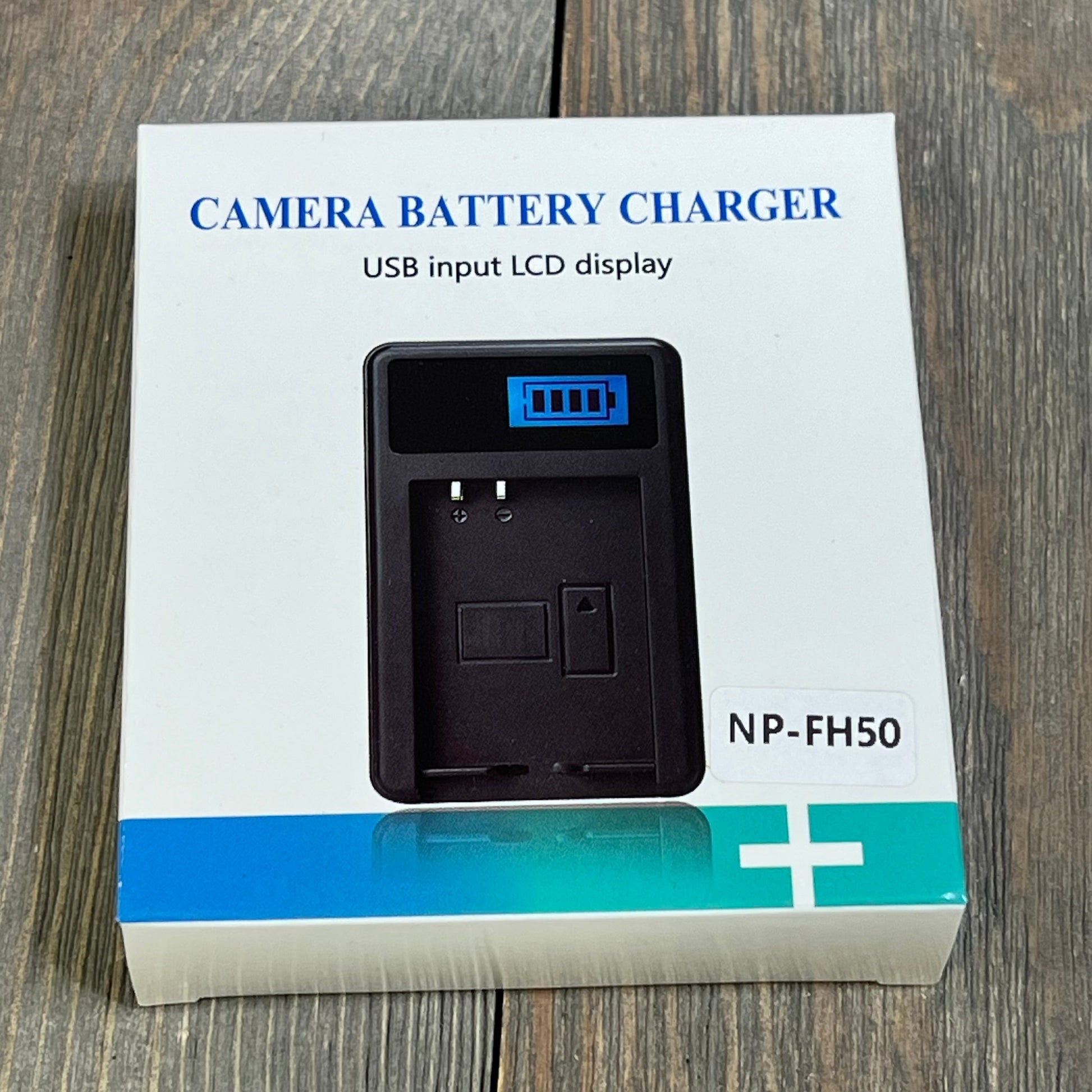 LCD USB charger for NP-FH50 batteries, featuring an easy-to-read display, compatible with Sony Alpha DSLR and Cyber-Shot.