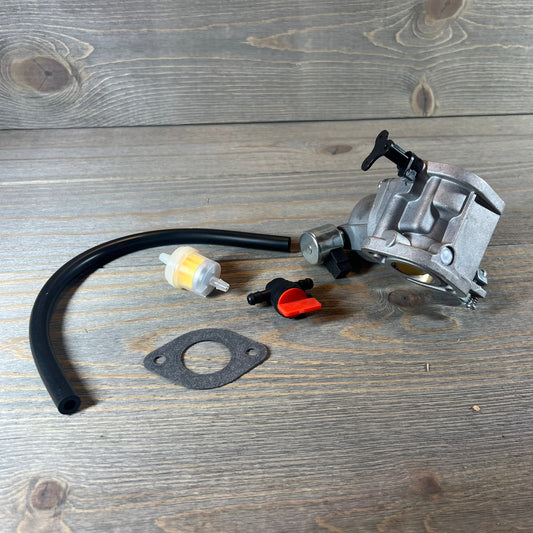 Carburetor kit with hose, filter, and gasket for Intek engines, enhancing mower performance.