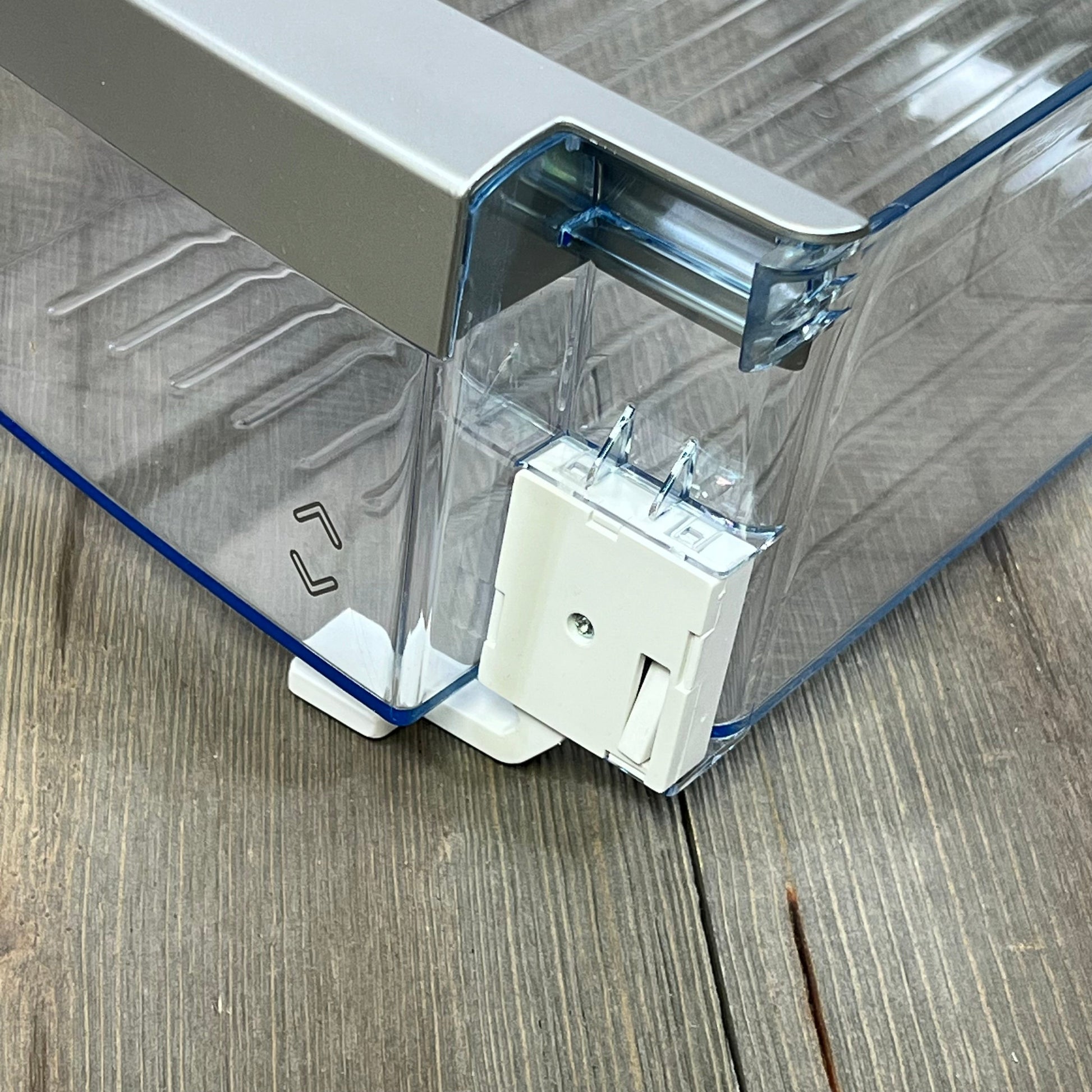 Clear Bosch 00673122-Compatible Door Shelf Bin with sturdy metal trim, perfect for fridge storage organization.