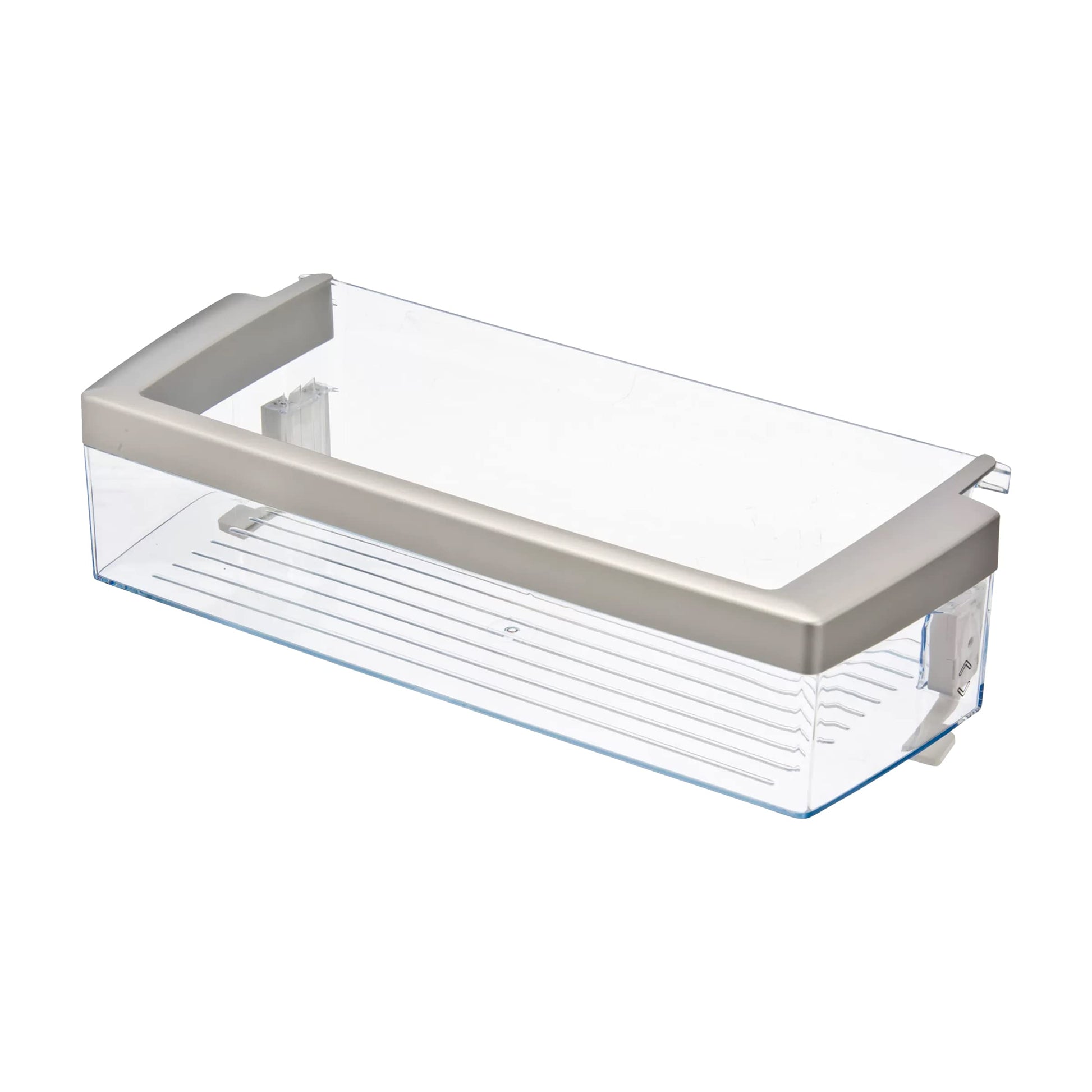 Clear plastic Bosch 00673122-compatible door shelf bin with white trim, ideal for refrigerator organization.