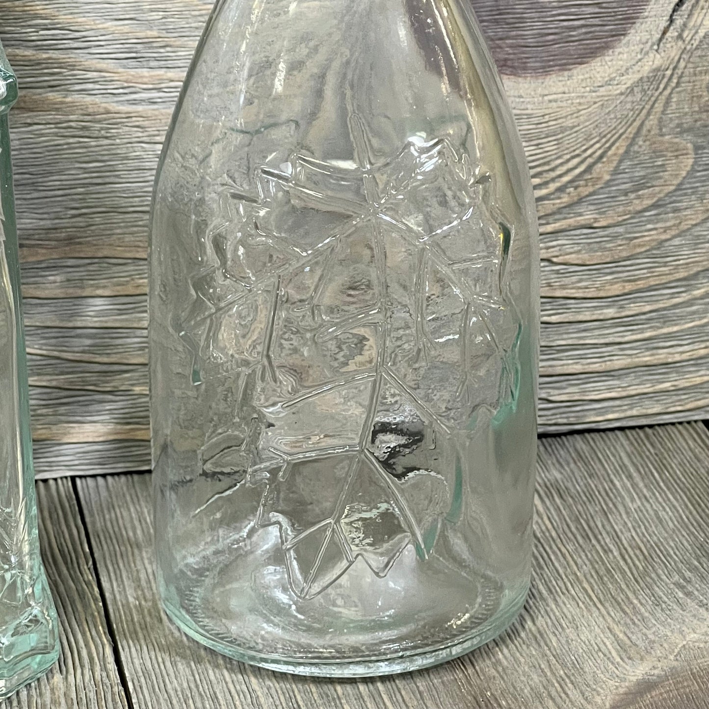 Clear glass bottle with embossed leaf design, 16oz, ideal for crafts or storage, part of the BULK PARADISE 6 pack set.
