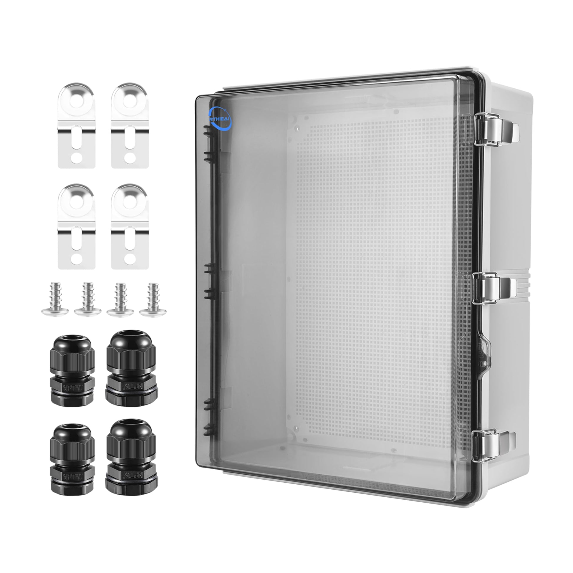 Weatherproof ABS plastic junction box with a clear hinged cover, mounting plate, and wall brackets for outdoor projects.