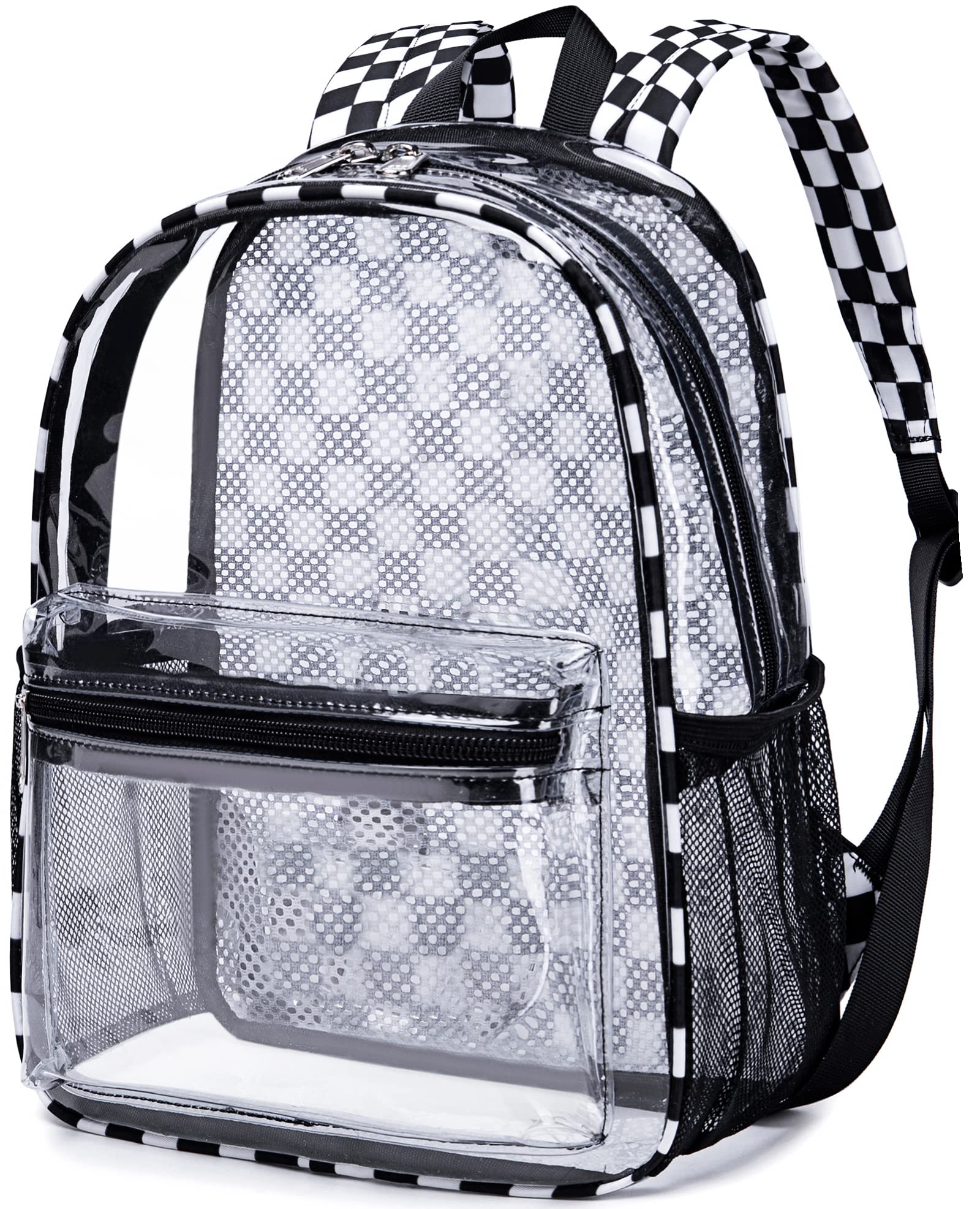 Clear mini backpack with checkered straps, perfect for stadium events and concerts. Transparent design for easy security checks.